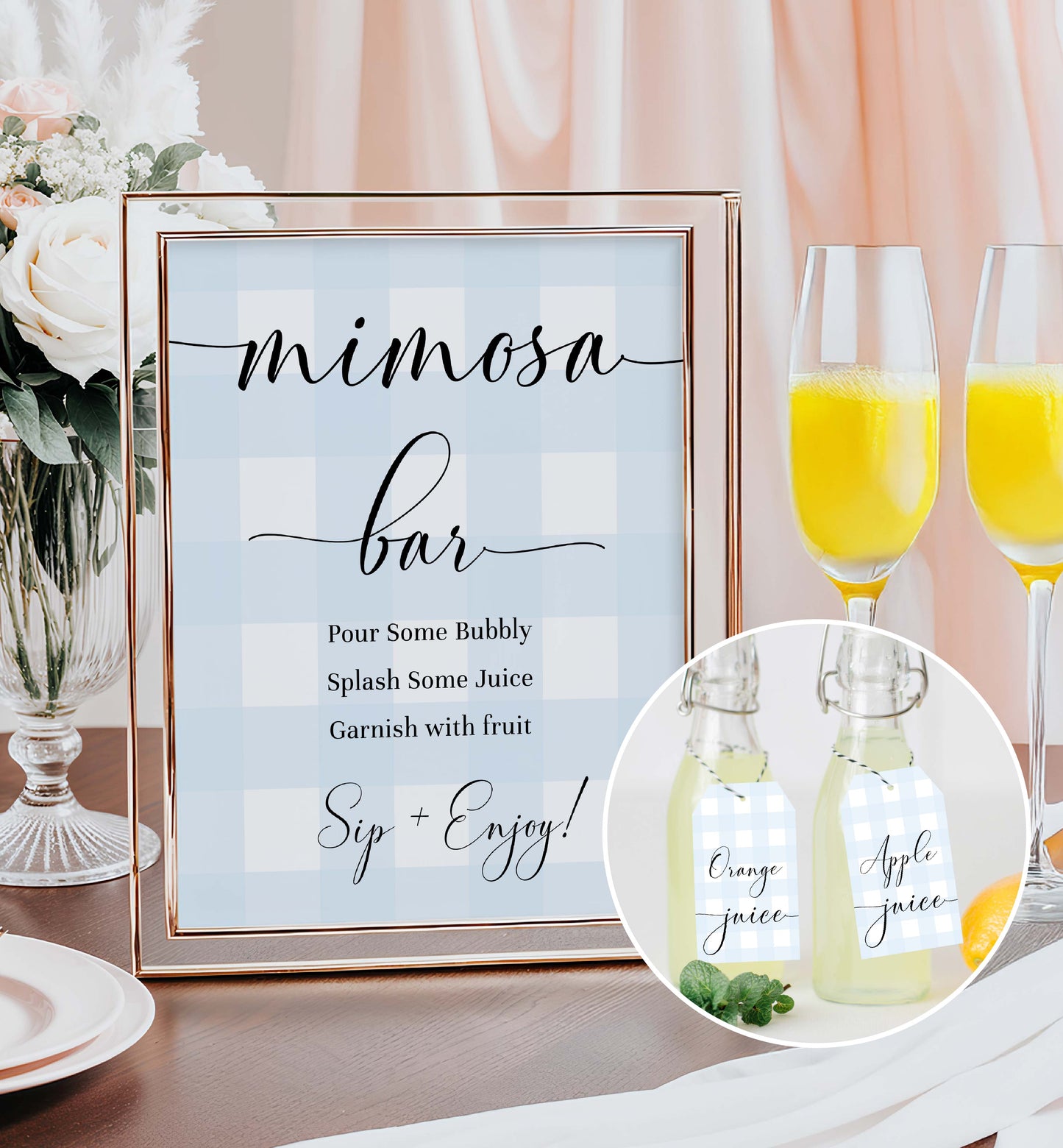 Printable Mimosa Bar Sign, Blue Gingham Mimosa Bar Sign, Editable Printable Boy Baby Shower Mom-osa Bar Sign, Boy Baby Shower Drinks Sign