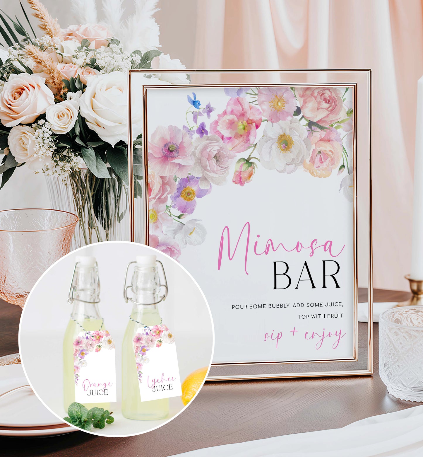 Mimosa Bar Sign and Juice Tags, Printable Bridal Shower Cocktail Menu, Hot Pink Wildflowers, Baby Shower Mimosa Bar Sign, Eloise
