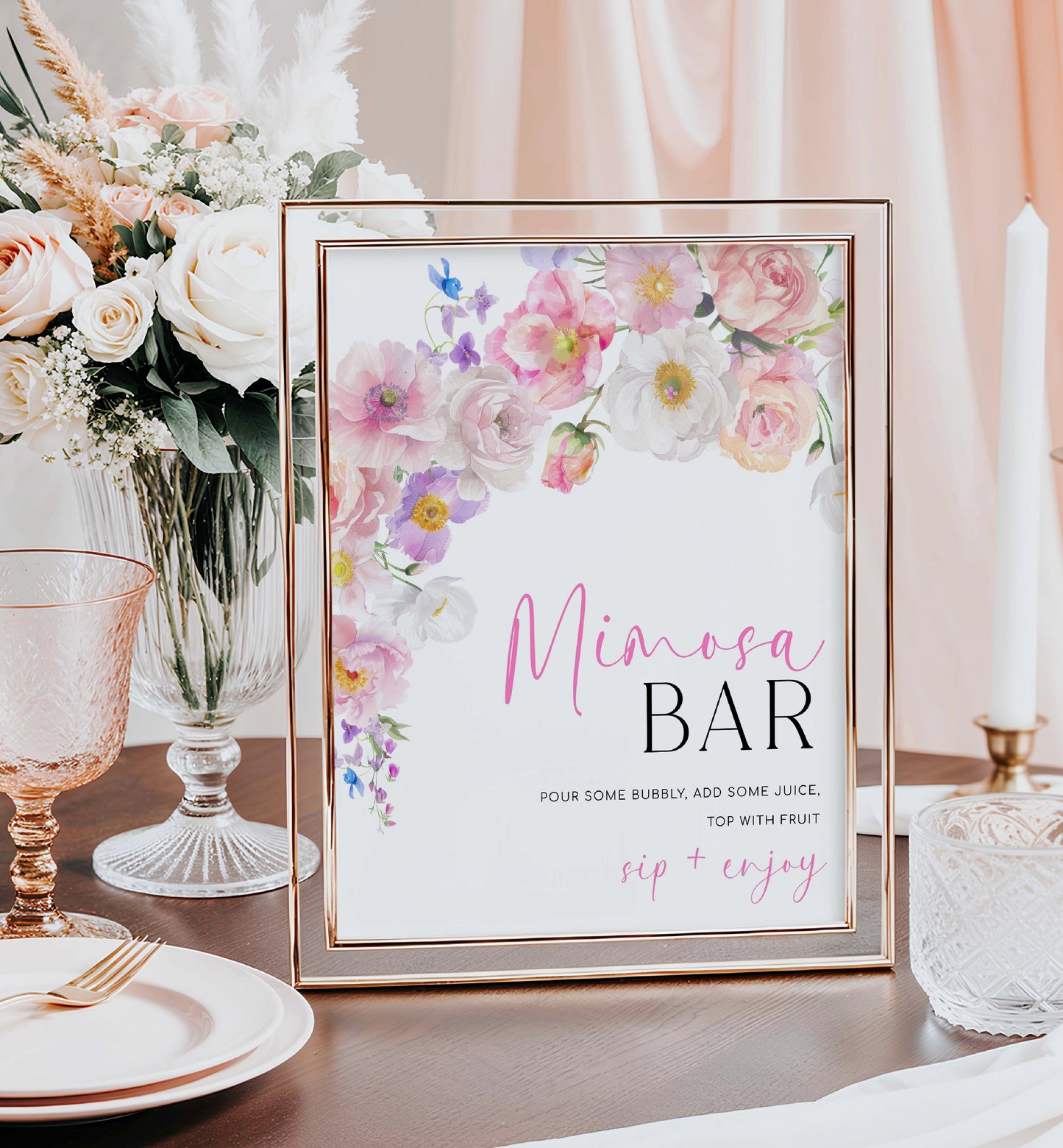 Mimosa Bar Sign and Juice Tags, Printable Bridal Shower Cocktail Menu, Hot Pink Wildflowers, Baby Shower Mimosa Bar Sign, Eloise