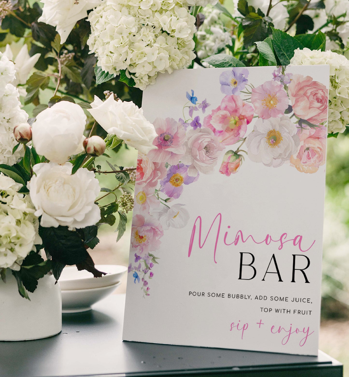 Mimosa Bar Sign and Juice Tags, Printable Bridal Shower Cocktail Menu, Hot Pink Wildflowers, Baby Shower Mimosa Bar Sign, Eloise