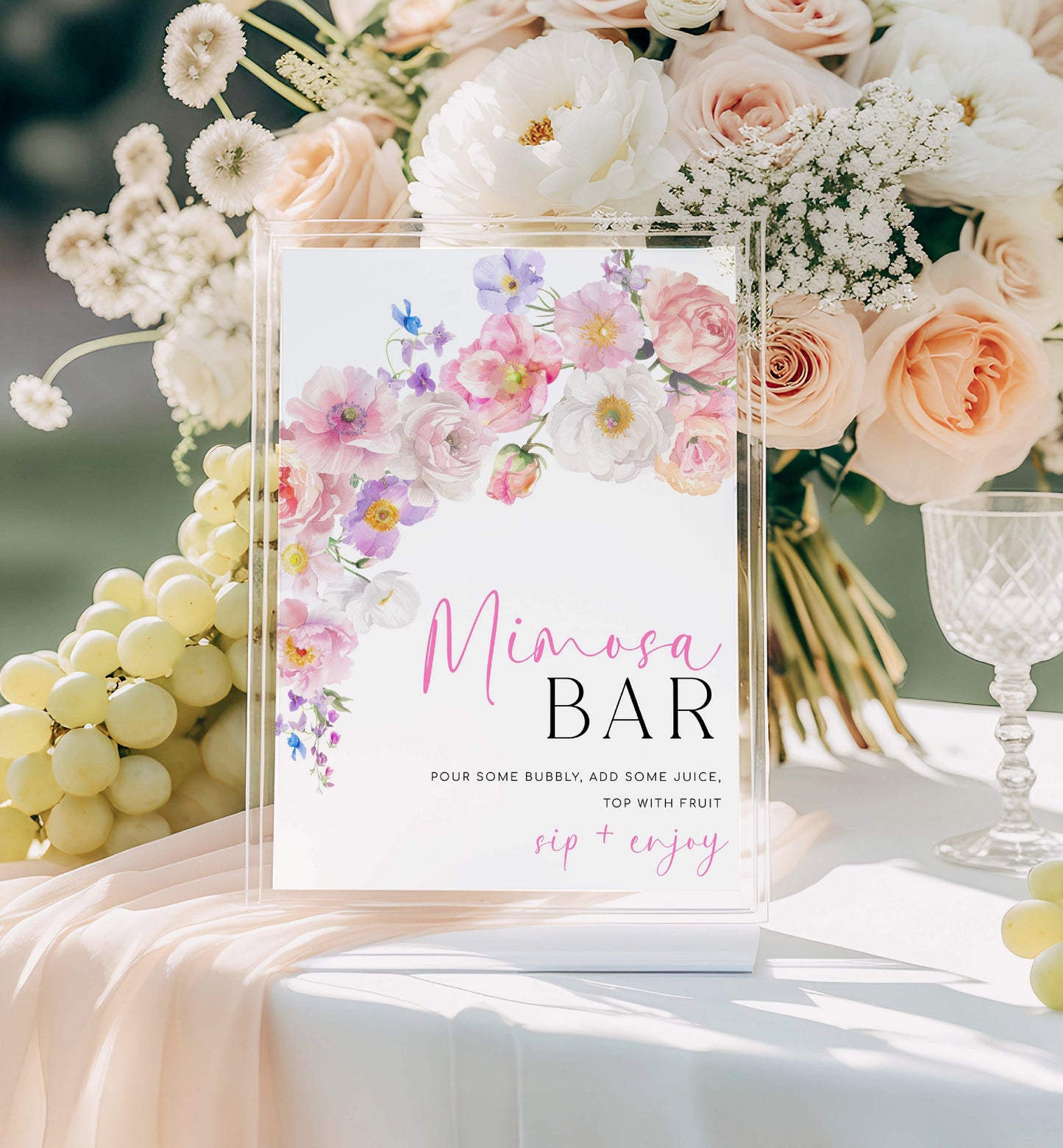 Mimosa Bar Sign and Juice Tags, Printable Bridal Shower Cocktail Menu, Hot Pink Wildflowers, Baby Shower Mimosa Bar Sign, Eloise