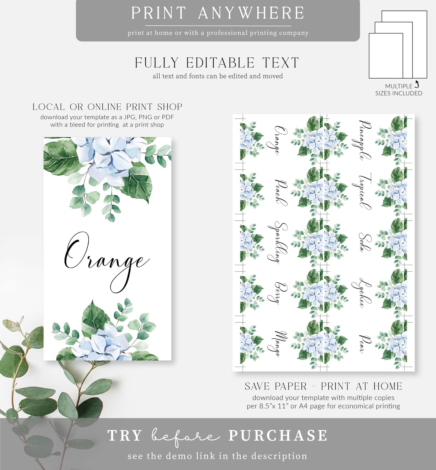 Ferras Blossom Blue | Printable Mimosa Bar Sign and Juice Tags Template