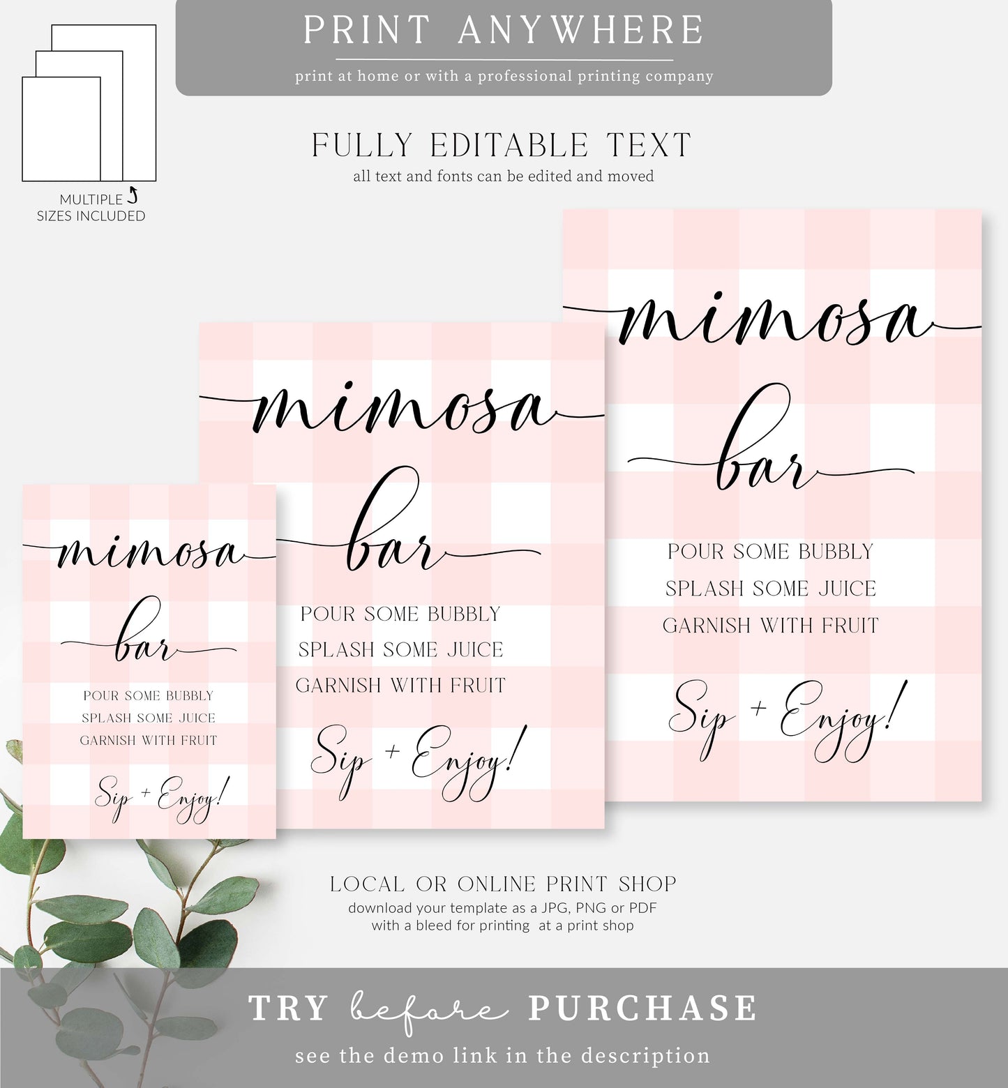 Gingham Pink | Printable Mimosa Bar Sign and Juice Tags