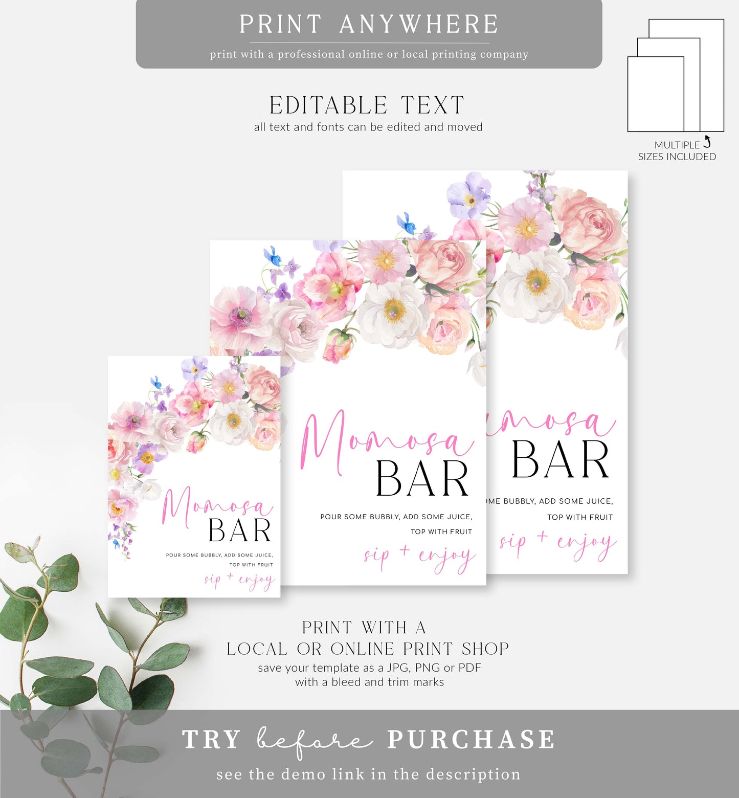 Eloise Floral | Printable Momosa Bar Sign Template