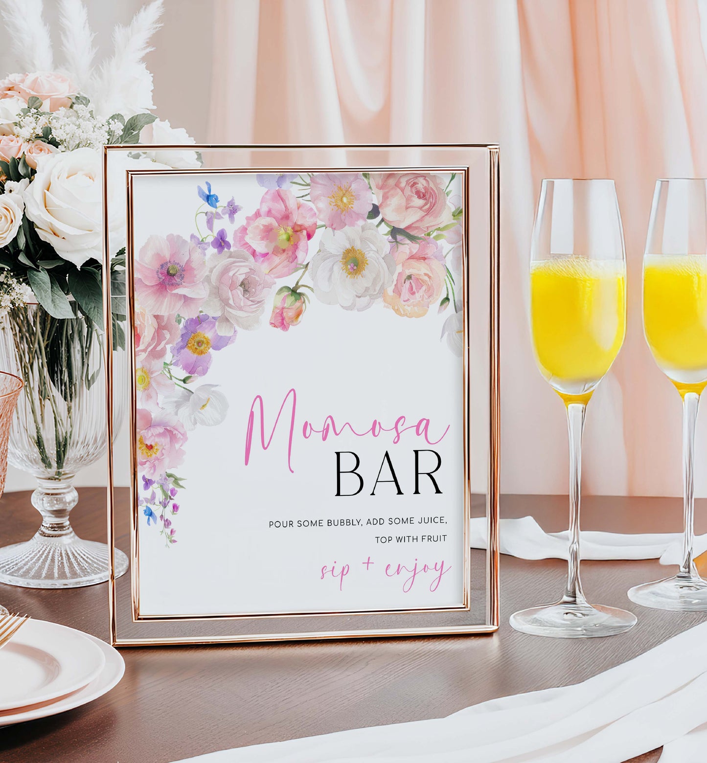 Momosa Bar Sign and Juice Tags, Printable Baby Shower Cocktail Menu, Hot Pink Wildflowers, Baby Shower Mimosa Bar Sign, Eloise
