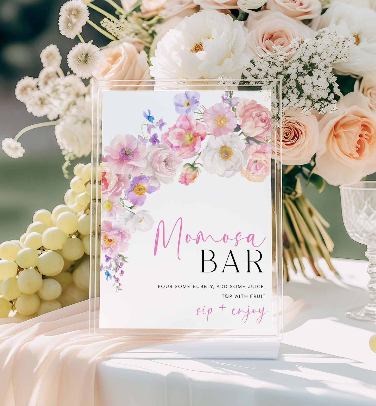Momosa Bar Sign and Juice Tags, Printable Baby Shower Cocktail Menu, Hot Pink Wildflowers, Baby Shower Mimosa Bar Sign, Eloise