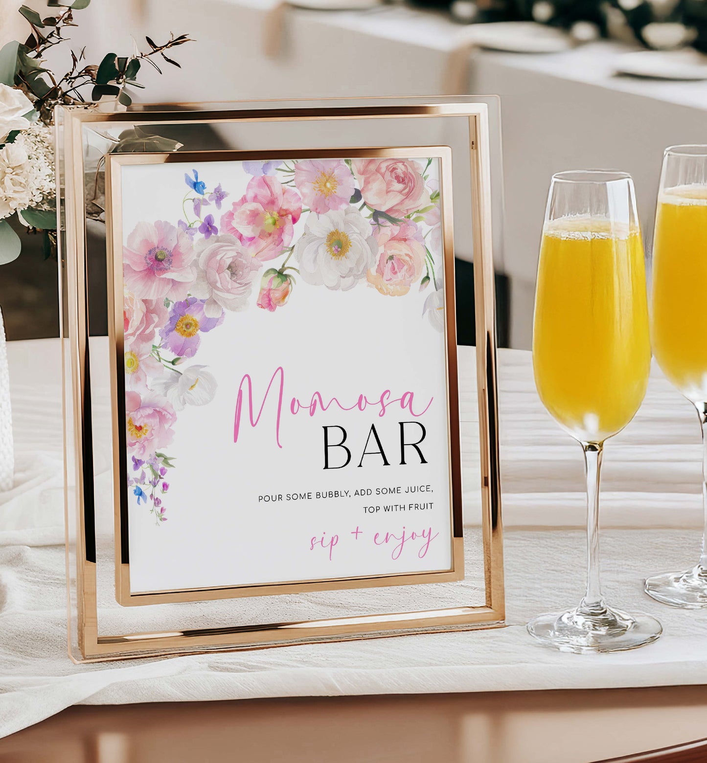 Momosa Bar Sign and Juice Tags, Printable Baby Shower Cocktail Menu, Hot Pink Wildflowers, Baby Shower Mimosa Bar Sign, Eloise