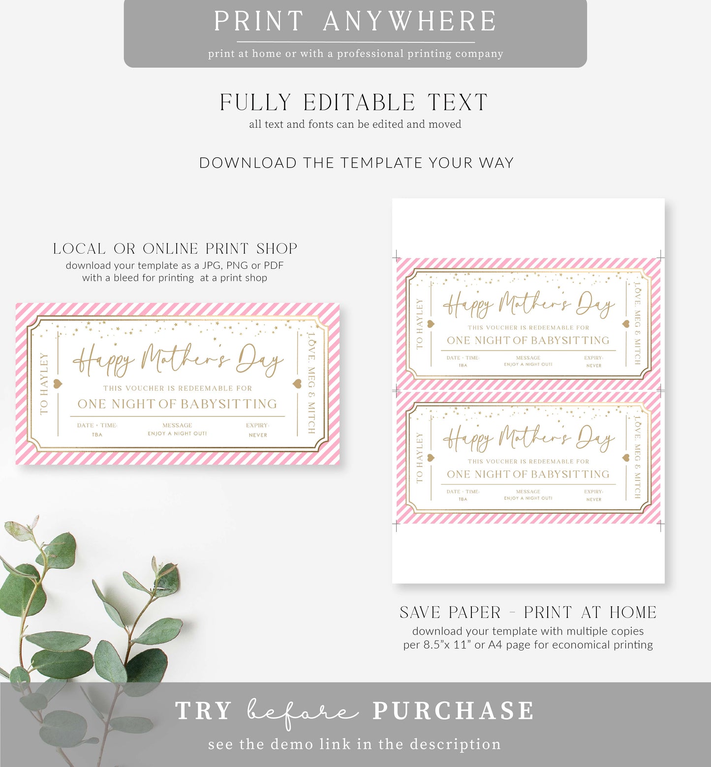 Paintly Pink Gold | Printable Mother's Day Babysitting Gift Voucher Template