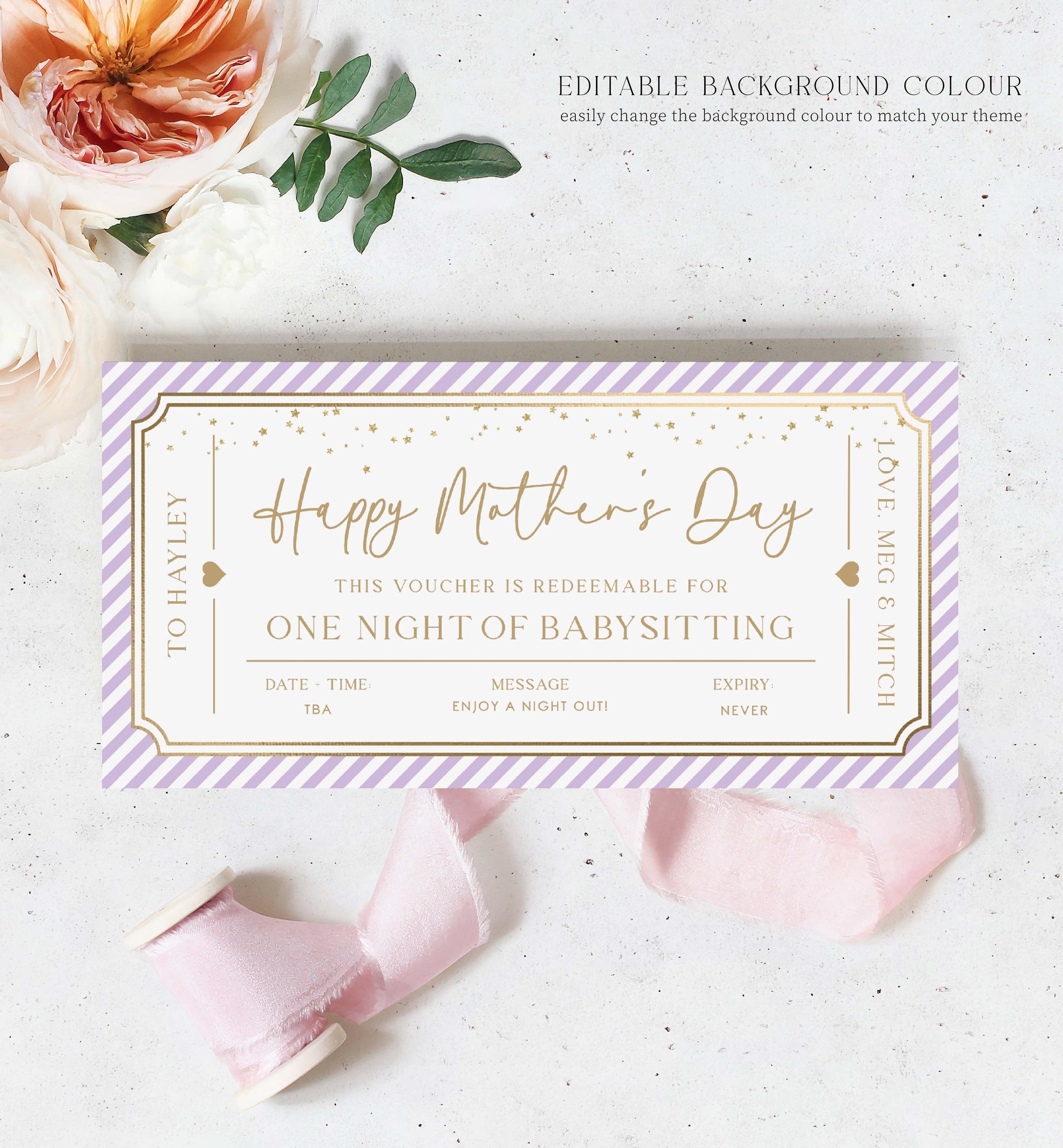Printable Babysitting Gift Voucher, Mother's Day Childminding Gift Certificate, Childminding Date Night Voucher Coupon Paintly Stripe