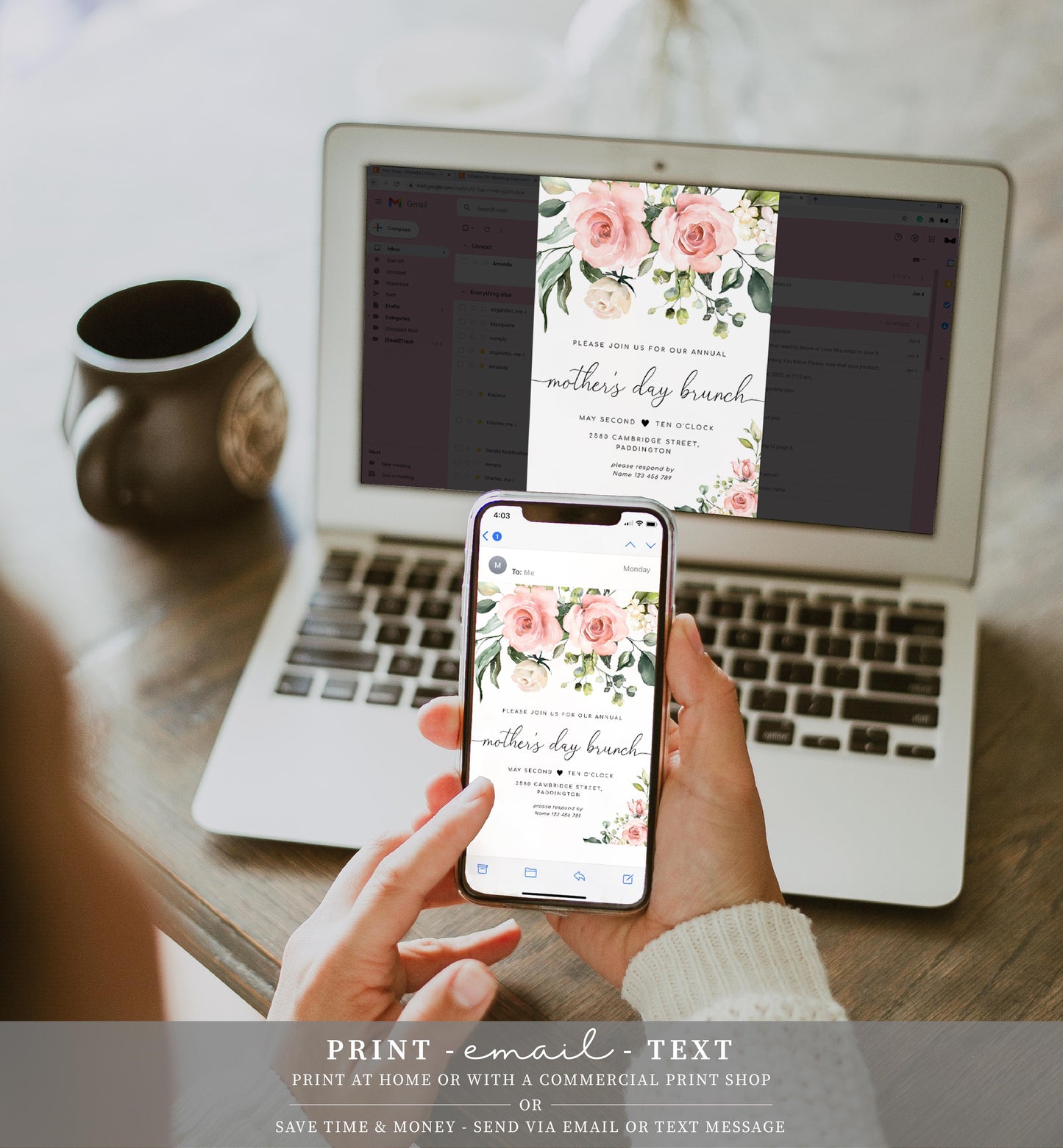 Blush Floral Mother's Day Brunch Invitation Editable Template, DIY Printable Mother's Day Lunch Invitation, Darcy Floral