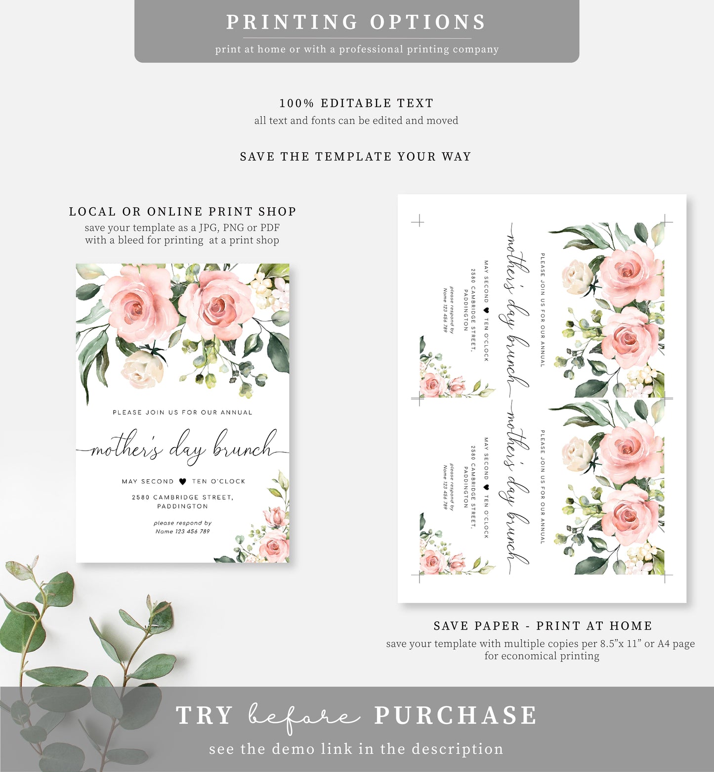 Blush Floral Mother's Day Brunch Invitation Editable Template, DIY Printable Mother's Day Lunch Invitation, Darcy Floral