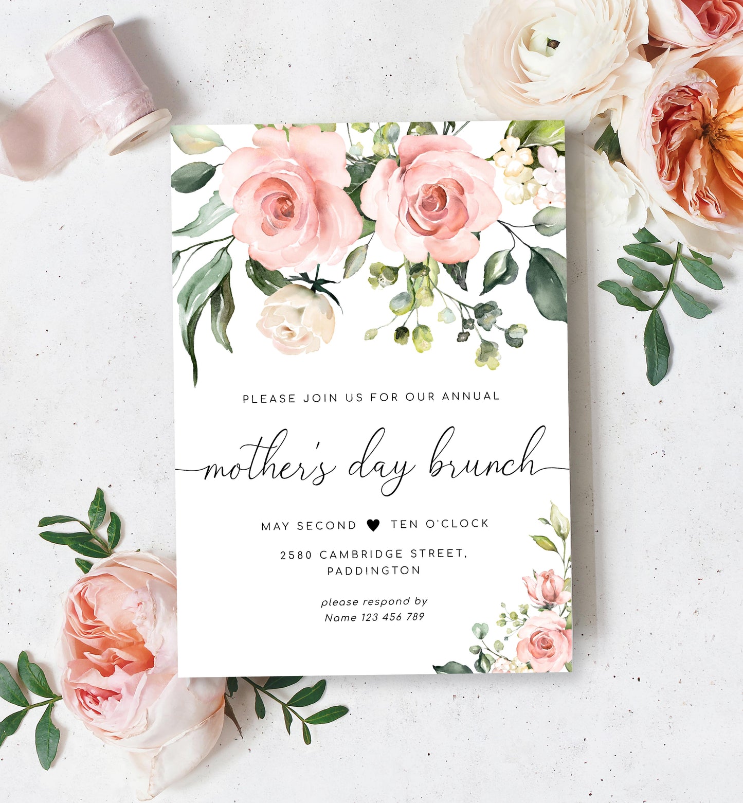 Blush Floral Mother's Day Brunch Invitation Editable Template, DIY Printable Mother's Day Lunch Invitation, Darcy Floral