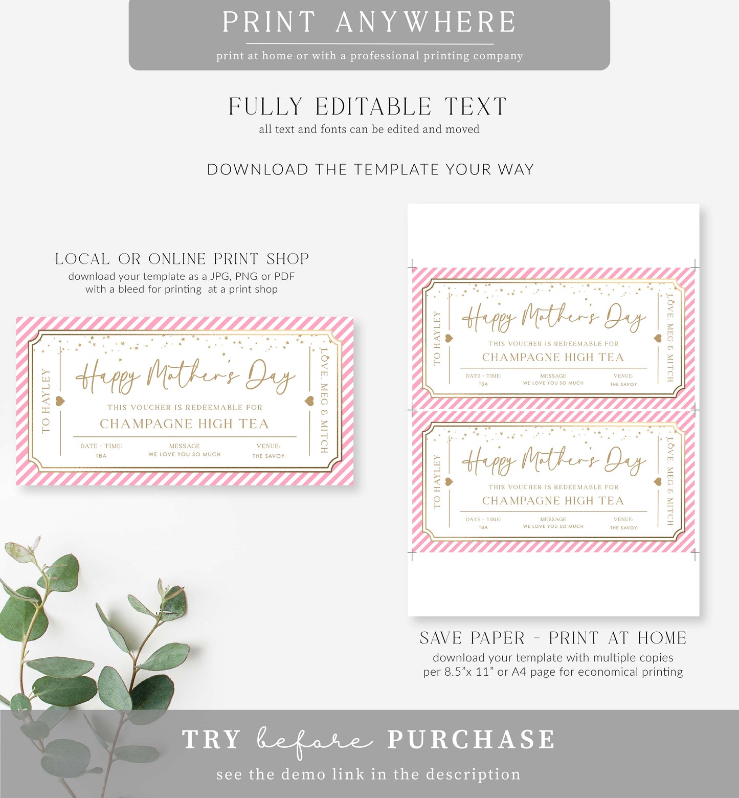 Paintly Pink Gold | Printable Mother's Day HigH Tea Gift Voucher Template