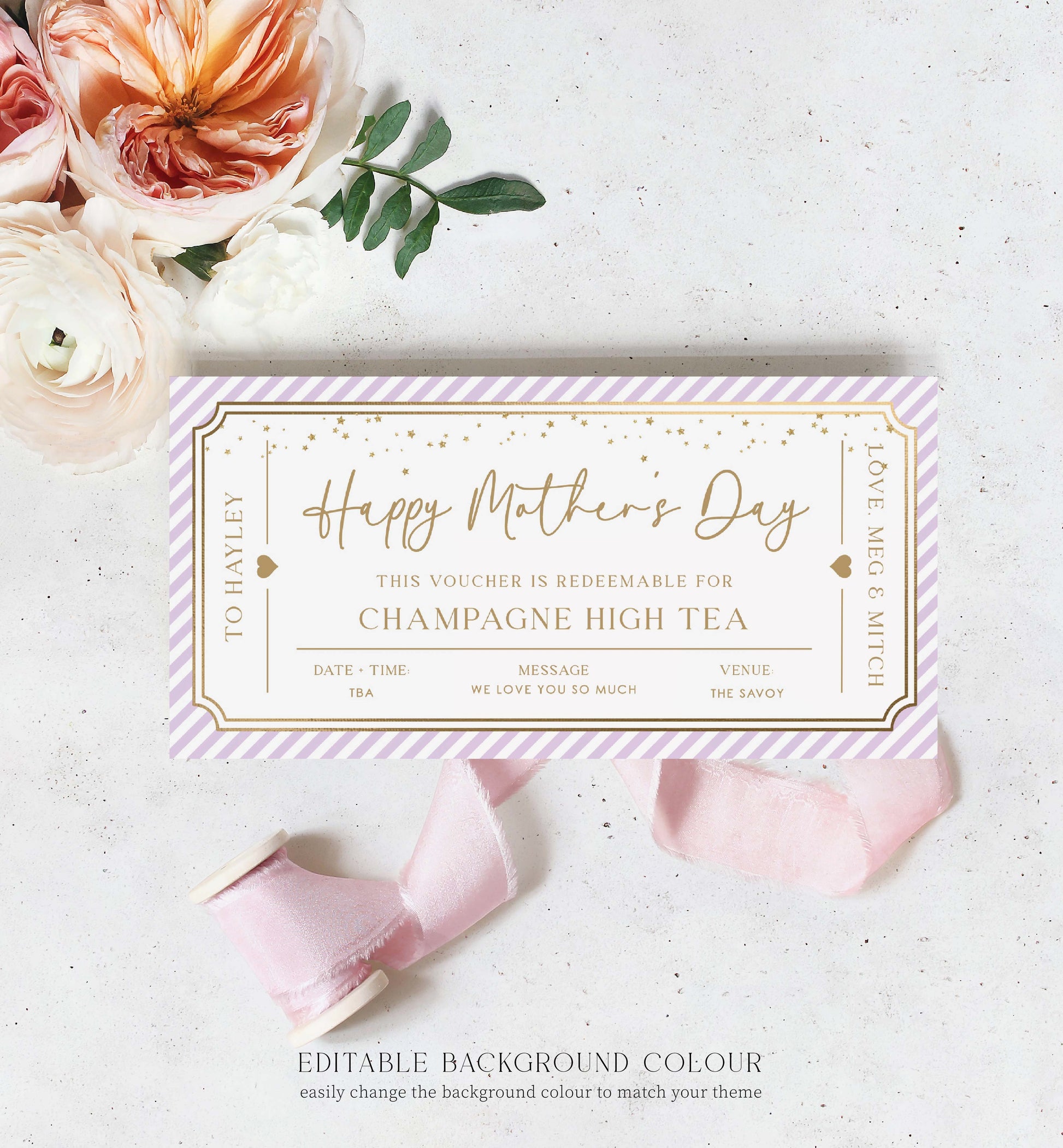 Printable High Tea Gift Voucher, Mother's Day Afternoon Tea Gift Certificate, Restaurant Voucher Coupon Paintly Stripe