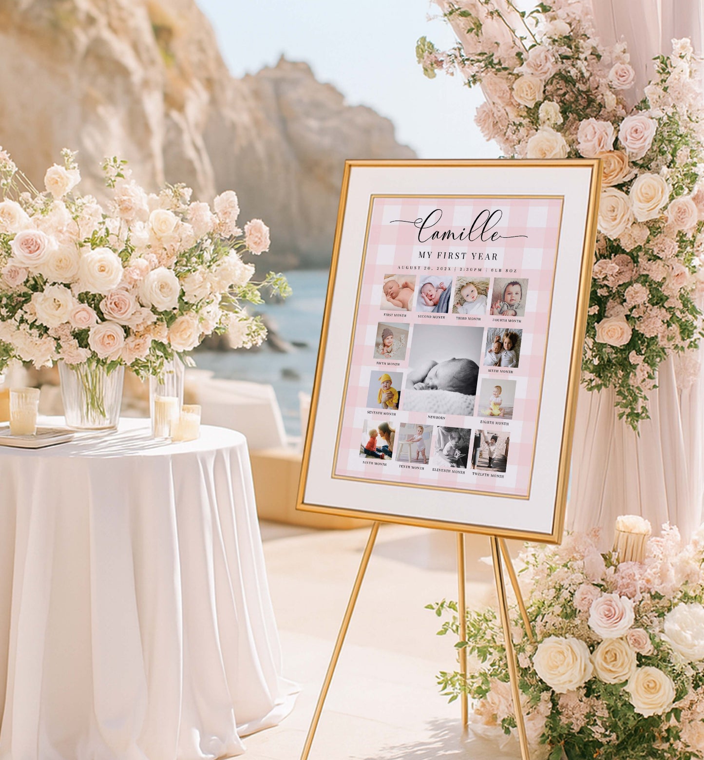 Decorative setup with a framed photo collage on an easel surrounded by flowers and candles by a scenic. Printable First Birthday Photo Timeline Sign, Pink Gingham 1st Birthday Photo Banner, First Year Photo Collage Sign, Monthly Milestone Sign,location.