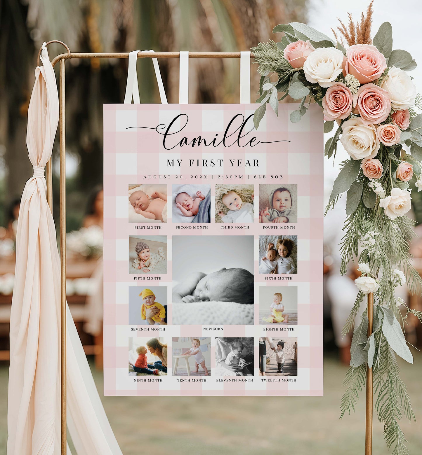 Baby milestone photo display with floral decorations. Printable First Birthday Photo Timeline Sign, Pink Gingham 1st Birthday Photo Banner, First Year Photo Collage Sign, Monthly Milestone Sign,