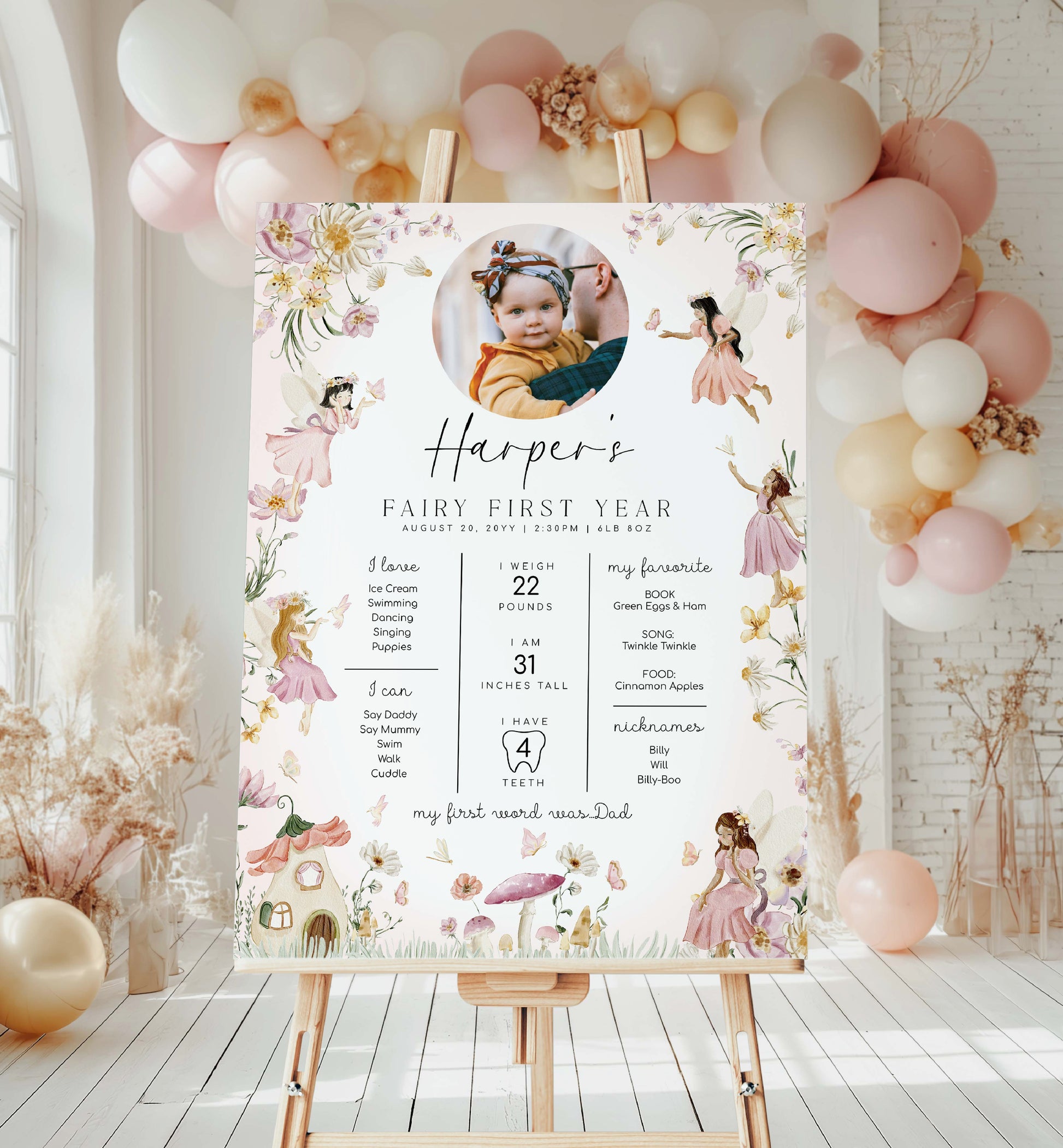 Fairy Princess Photo First Birthday Milestone Board, Printable Babys First Year Milestone Poster, 1st Birthday 12 Months Milestone Photo Sign