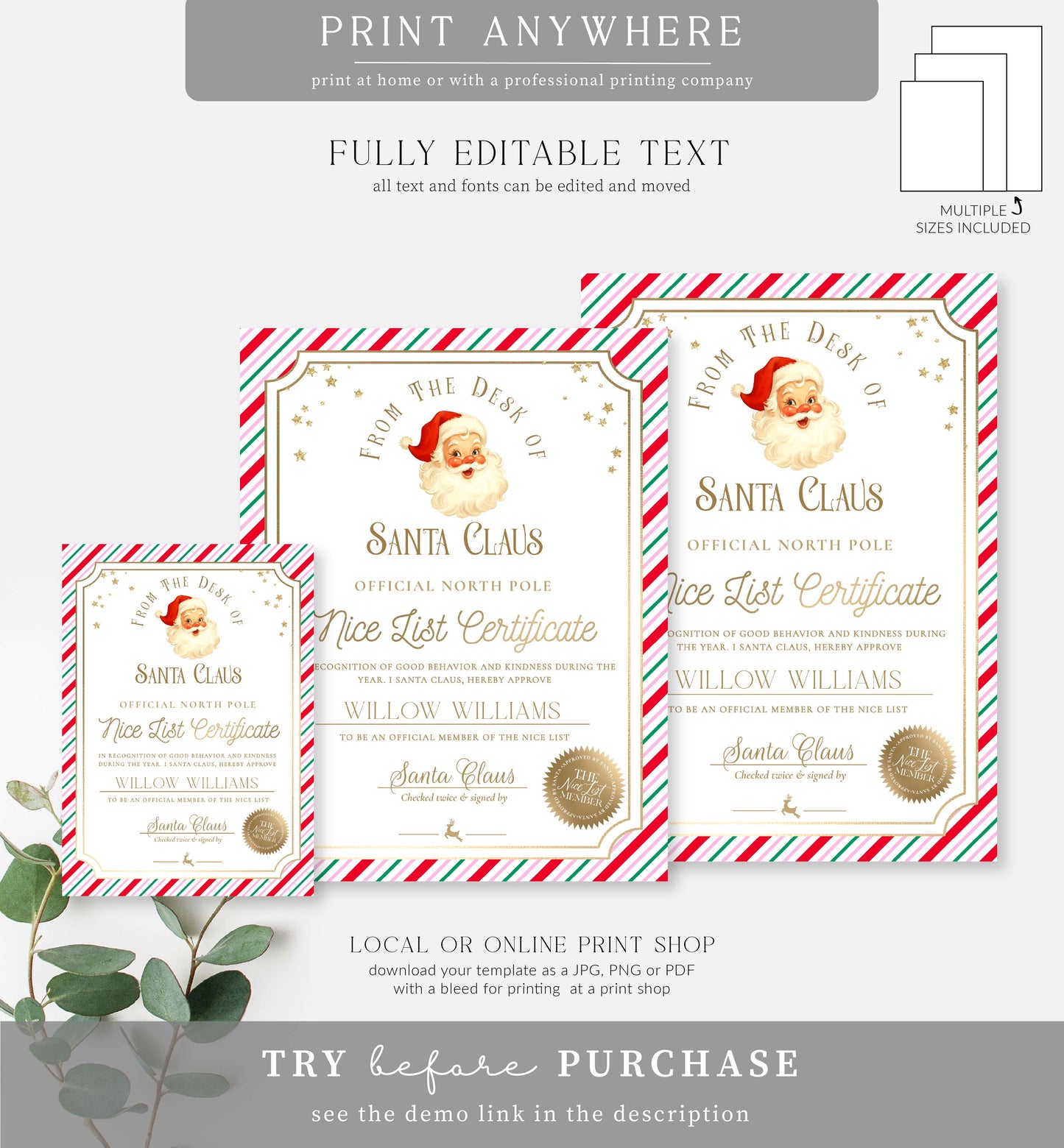 Santa's Workshop Pink Multi | Printable Christmas Nice List Certificate Template