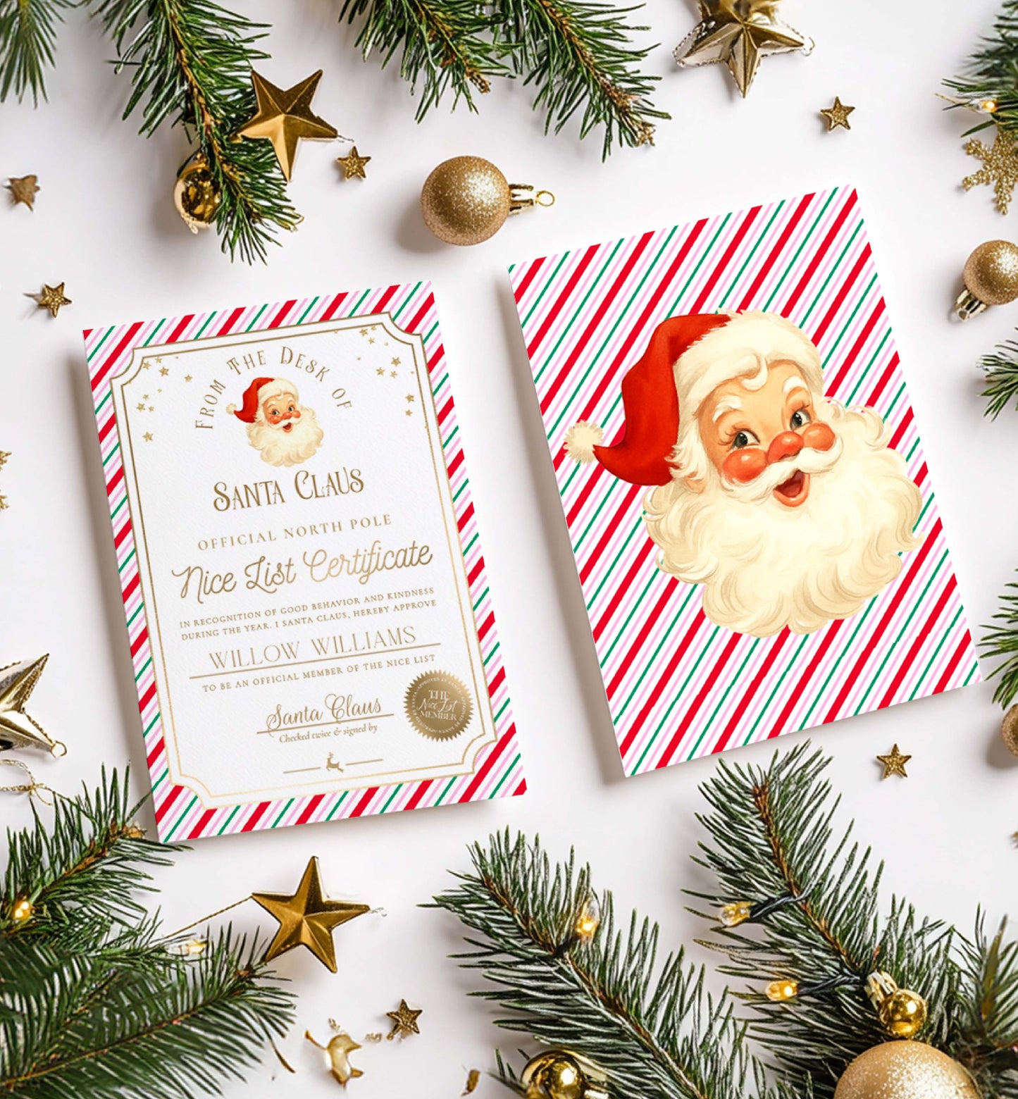 Two Christmas-themed certificates with Santa Claus on a white background with festive decorations. Printable Nice List Certificate Template, Approved Nice List Member Letter From Santa Claus, North Pole Mail Christmas Nice List, Stripe