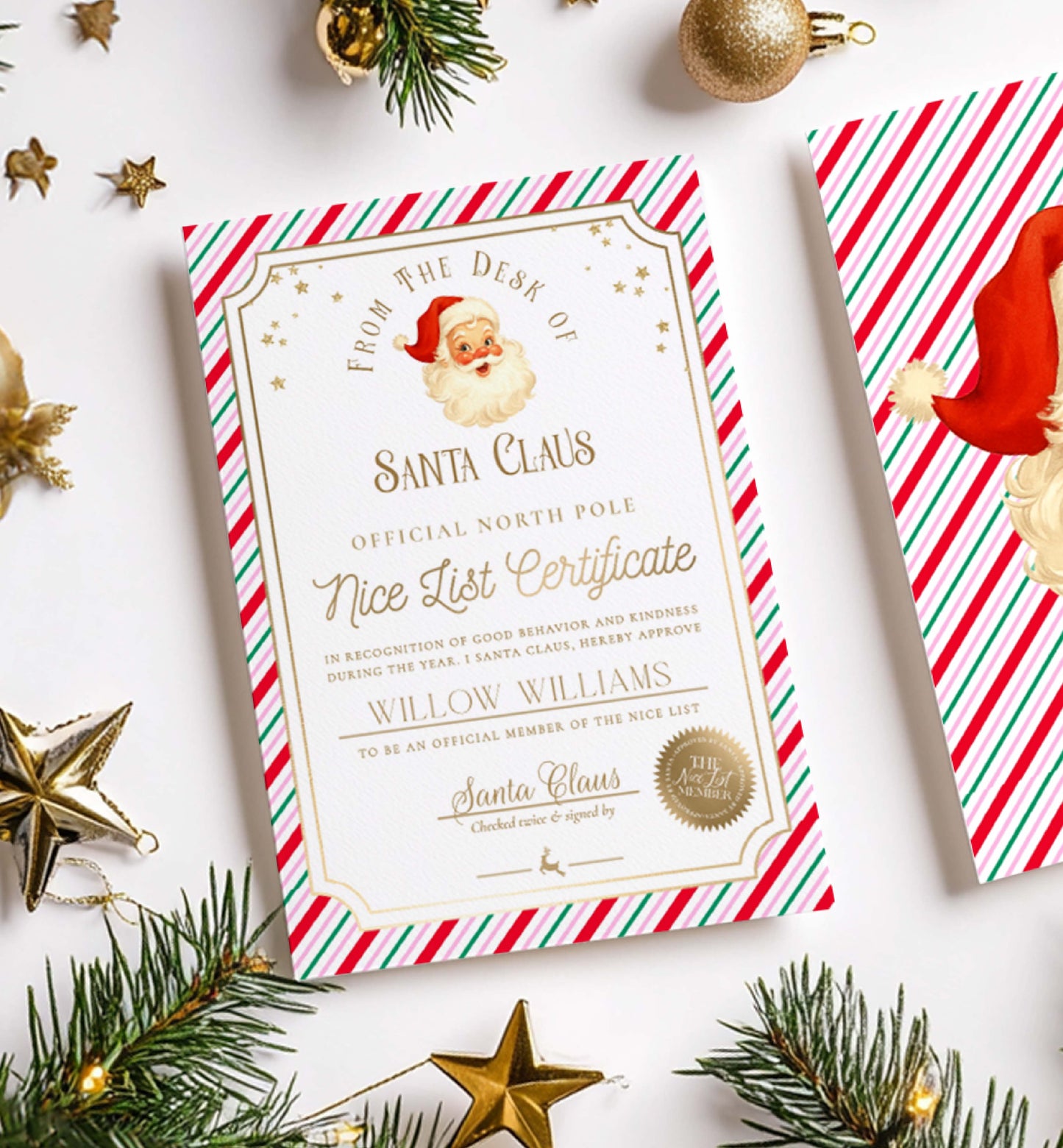 Santa Claus Nice List Certificate with Christmas decorations on a white background. Printable Nice List Certificate Template, Approved Nice List Member Letter From Santa Claus, North Pole Mail Christmas Nice List, Stripe
