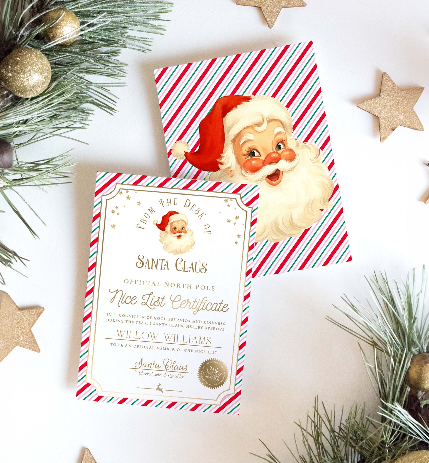Santa Claus-themed certificate with candy cane stripes on a festive background. Printable Nice List Certificate Template, Approved Nice List Member Letter From Santa Claus, North Pole Mail Christmas Nice List, Stripe