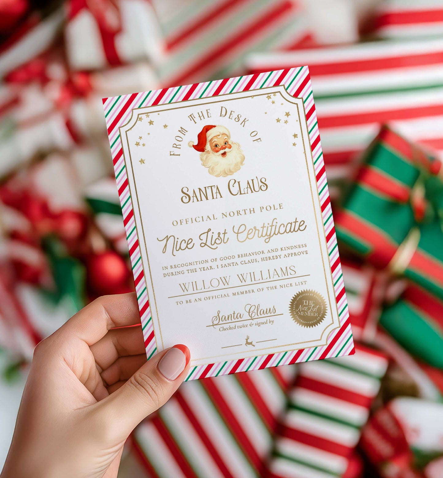Hand holding a 'Nice List Certificate' from Santa Claus with Christmas-themed background. Printable Nice List Certificate Template, Approved Nice List Member Letter From Santa Claus, North Pole Mail Christmas Nice List, Stripe