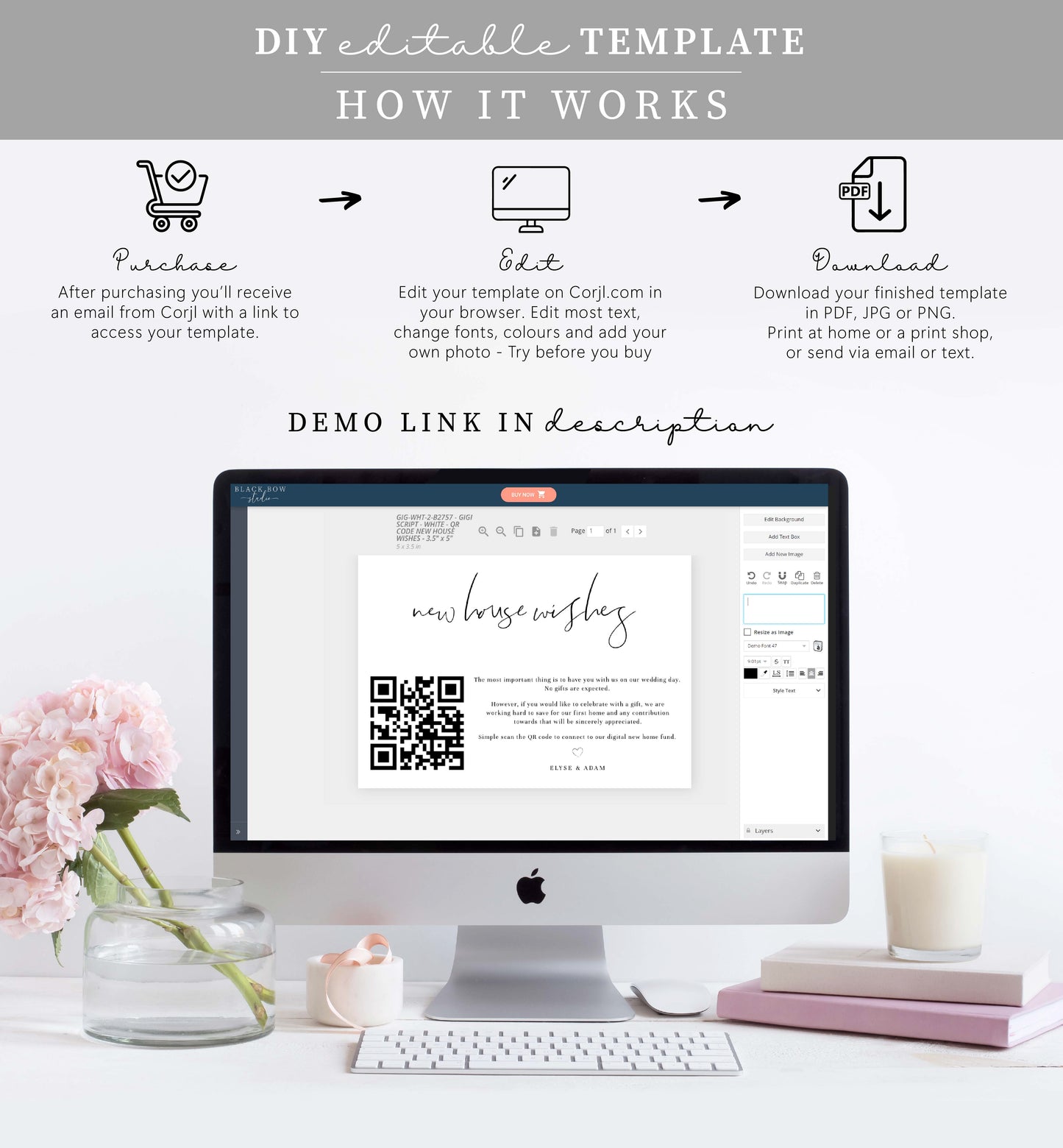 Gigi Script White | Printable QR New Home Fund Card Template