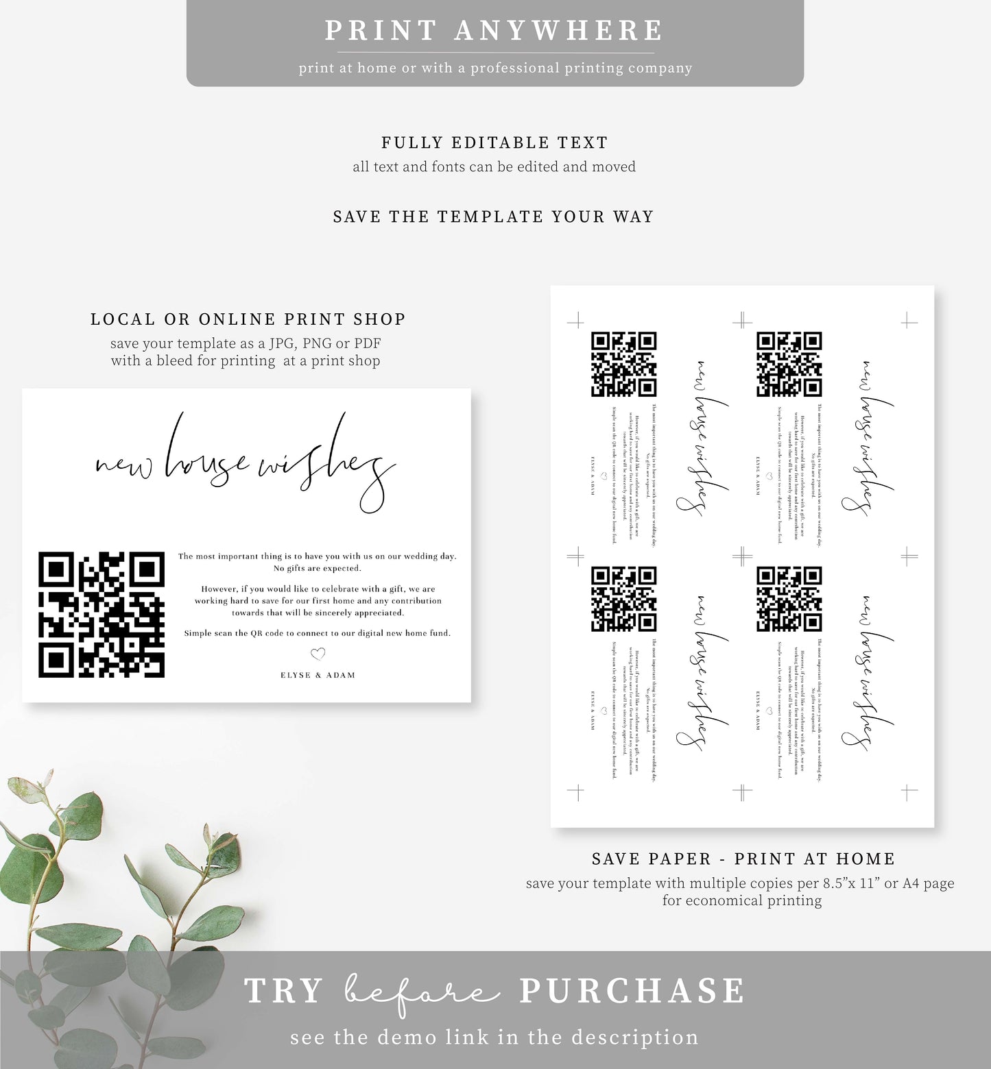 Gigi Script White | Printable QR New Home Fund Card Template