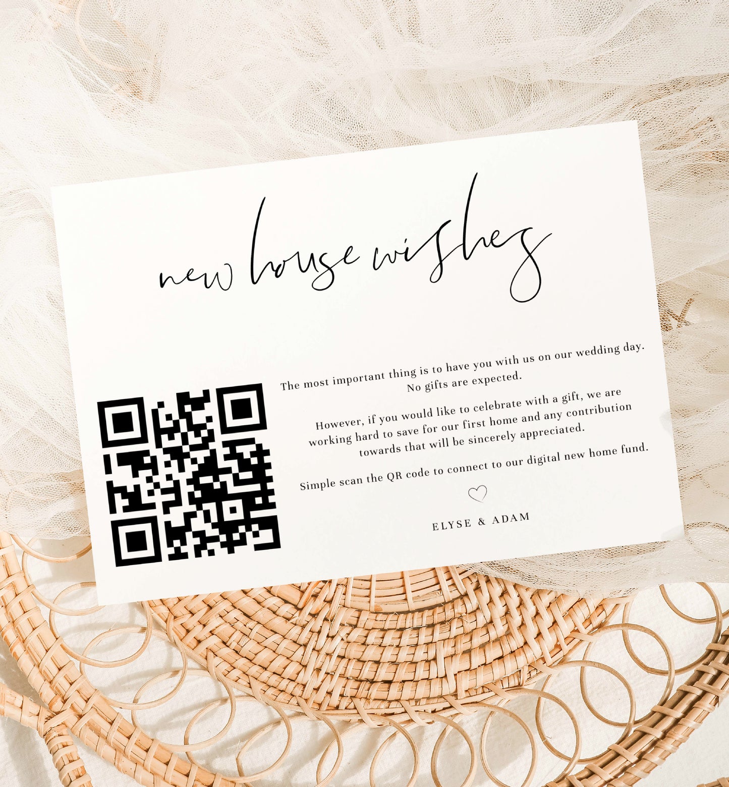 Gigi Script White | Printable QR New Home Fund Card Template