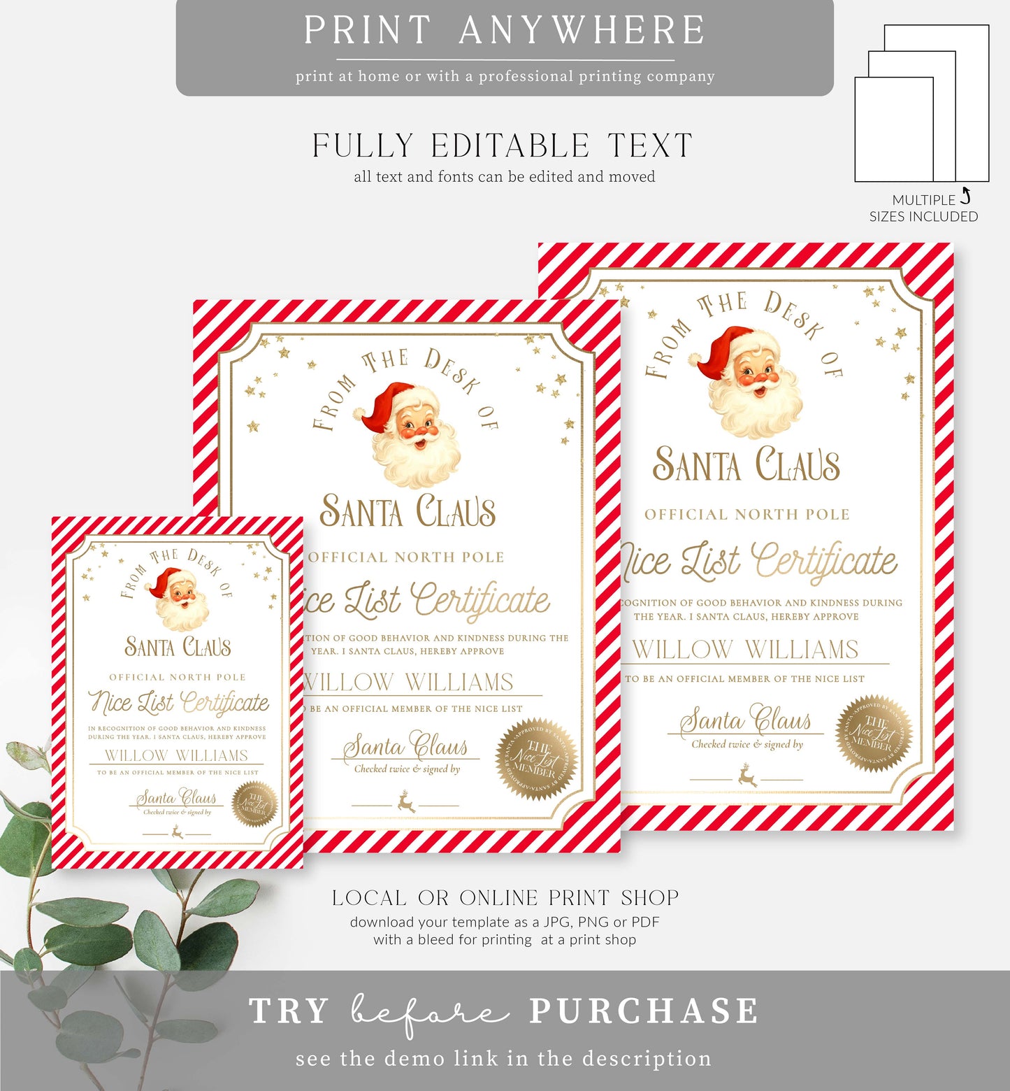 Santa's Workshop Red | Printable Christmas Nice List Certificate Template