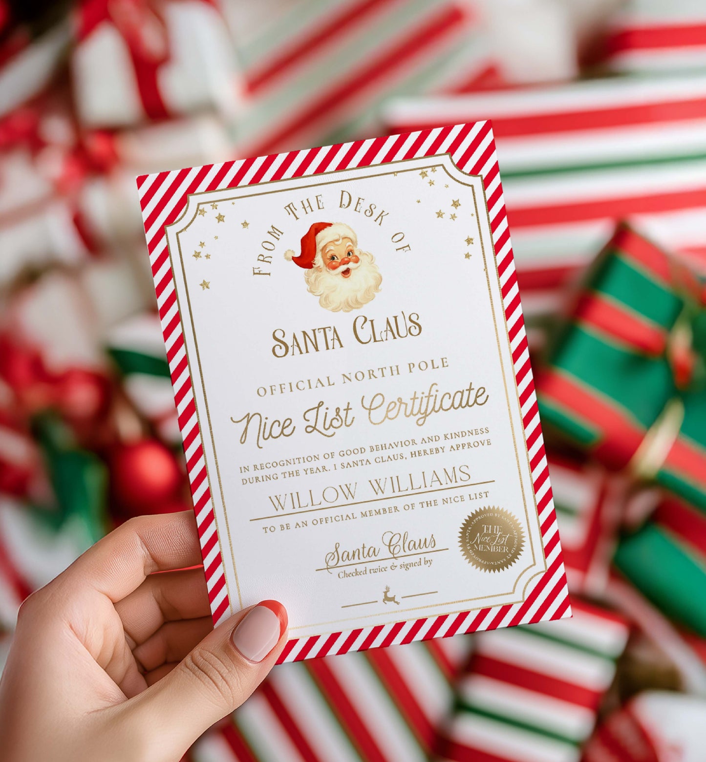 Hand holding a 'Nice List Certificate' from Santa Claus with Christmas-themed background. Printable Nice List Certificate Template, Approved Nice List Member Letter From Santa Claus, North Pole Mail Christmas Nice List, Stripe Red