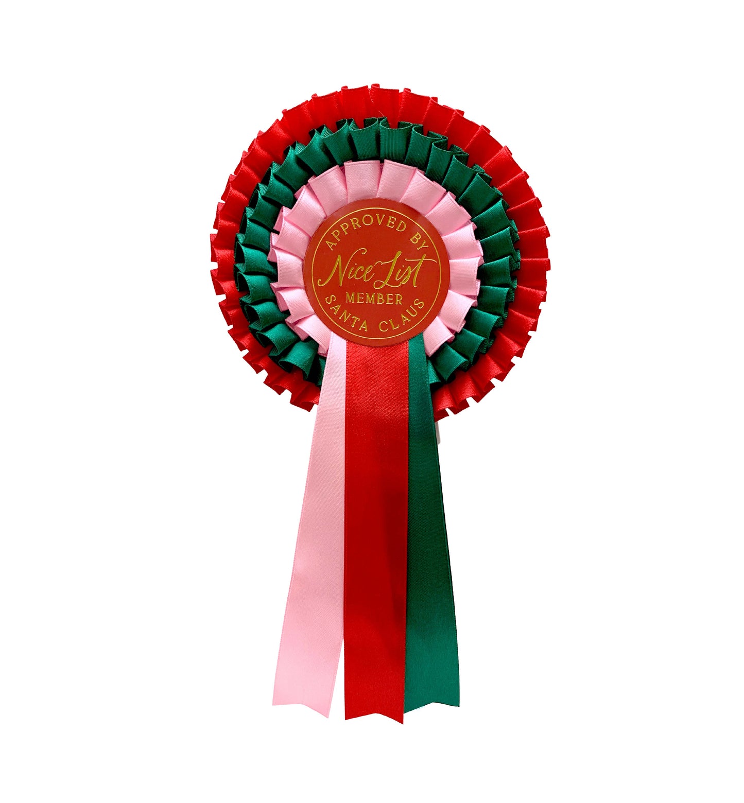 Decorative ribbon with red, green, and pink colors on a white background. Nice List Member Rosette Pink Red Green, Christmas Eve Box Gift, Present From Santa Claus, Kids Christmas Gift, Nice List Member Gift