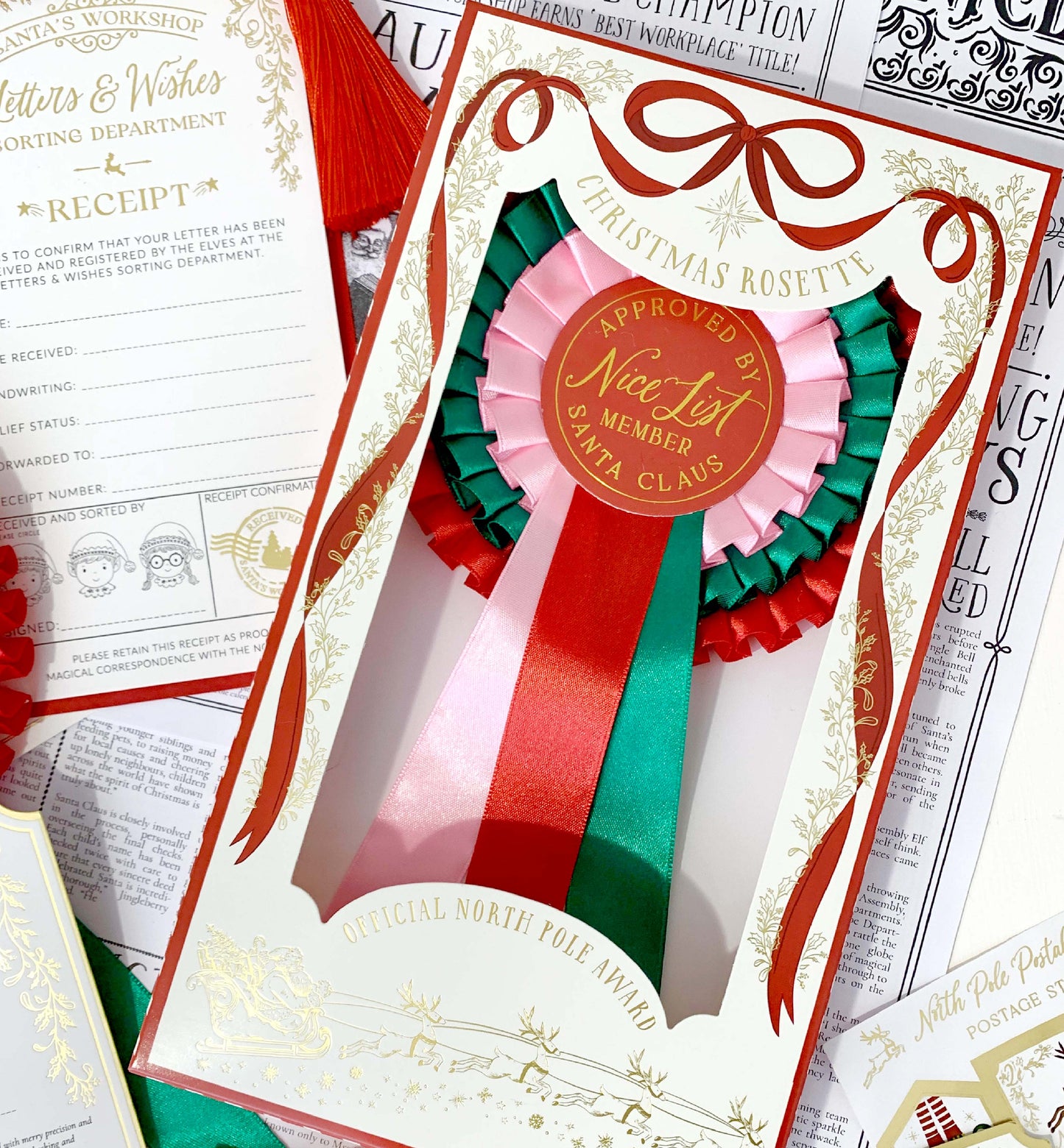 Christmas-themed card with a ribbon and 'Nice List' badge on a newspaper background. Nice List Member Rosette Pink Red Green, Christmas Eve Box Gift, Present From Santa Claus, Kids Christmas Gift, Nice List Member Gift