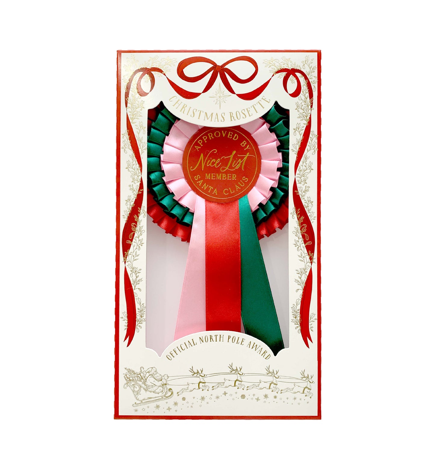 Decorative ribbon with 'Approved to Nice List Member' text on a white. Nice List Member Rosette Pink Red Green, Christmas Eve Box Gift, Present From Santa Claus, Kids Christmas Gift, Nice List Member Giftbackground