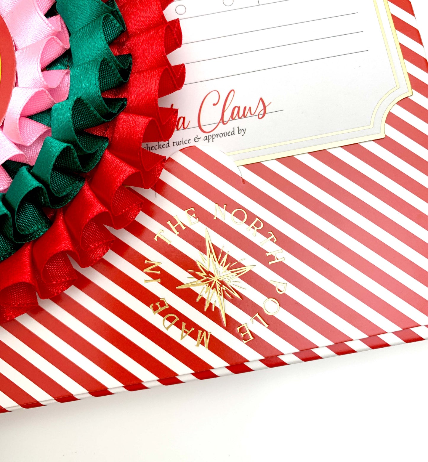 Red and green ribbons on a red and white striped background with a letterhead. Nice List Member Rosette Pink Red Green, Christmas Eve Box Gift, Present From Santa Claus, Kids Christmas Gift, Nice List Member Gift