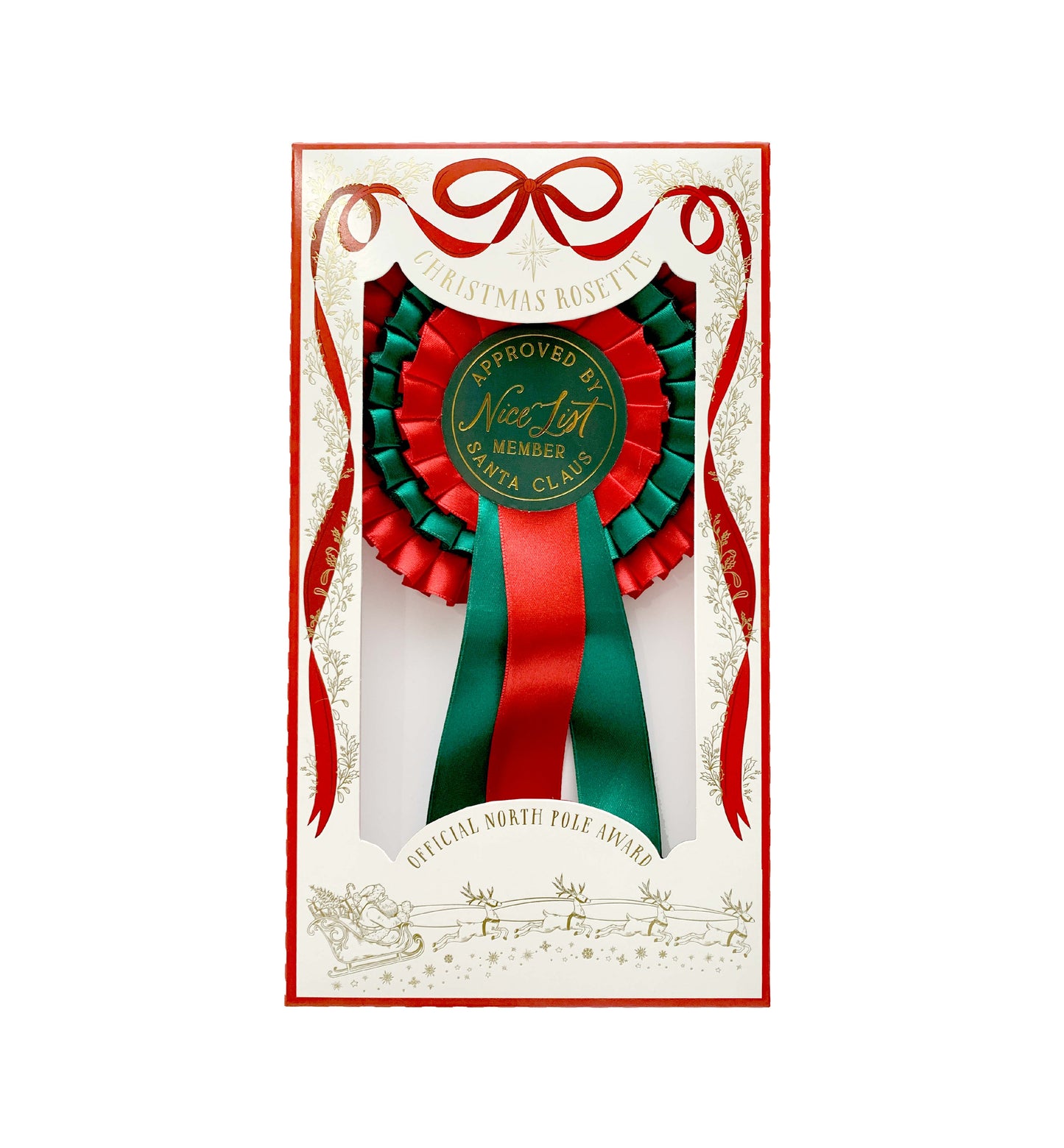 Decorative card with a red and green ribbon and gold text on a white background. Nice List Member Rosette Pink Red Green, Christmas Eve Box Gift, Present From Santa Claus, Kids Christmas Gift, Nice List Member Gift