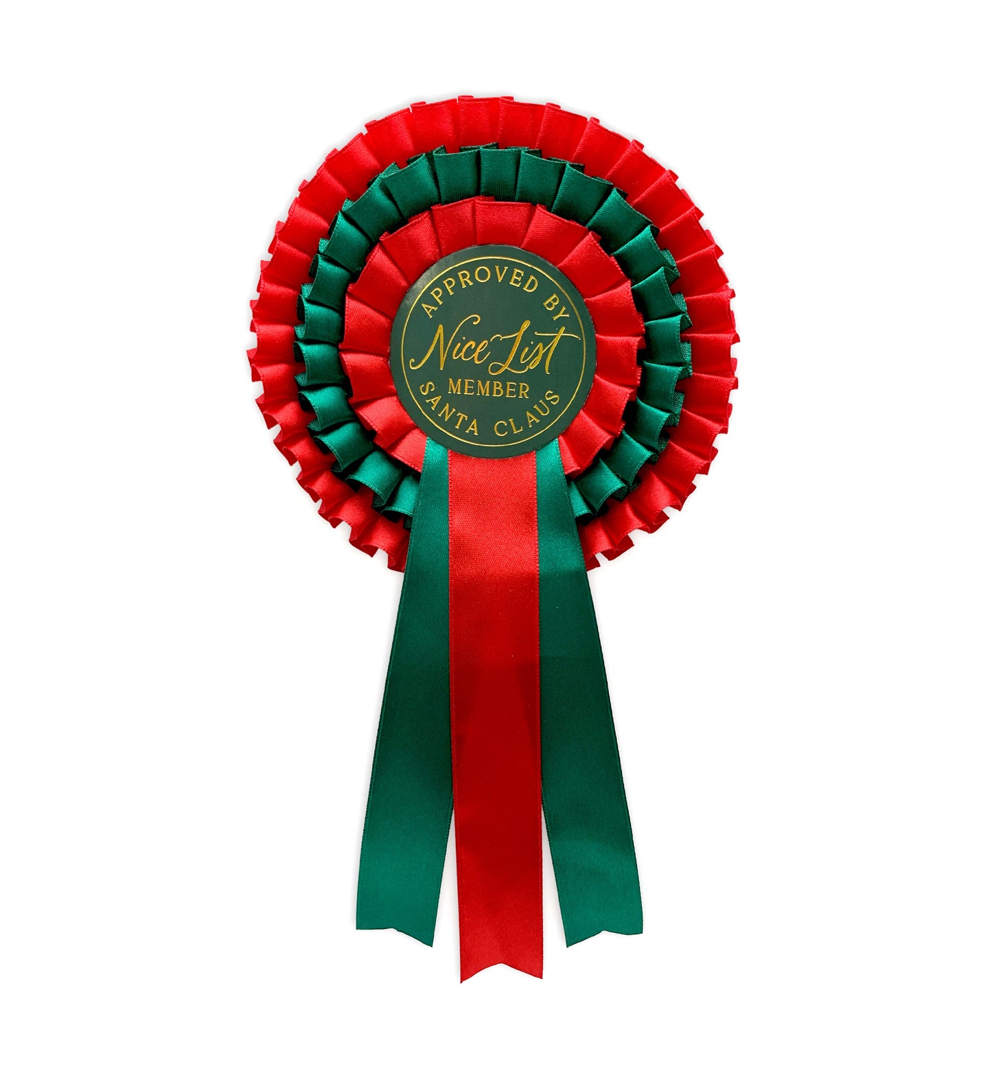 Red and green ribbon with 'Approved by Nice List Santa Claus' badge on a white background. Nice List Member Rosette Pink Red Green, Christmas Eve Box Gift, Present From Santa Claus, Kids Christmas Gift, Nice List Member Gift