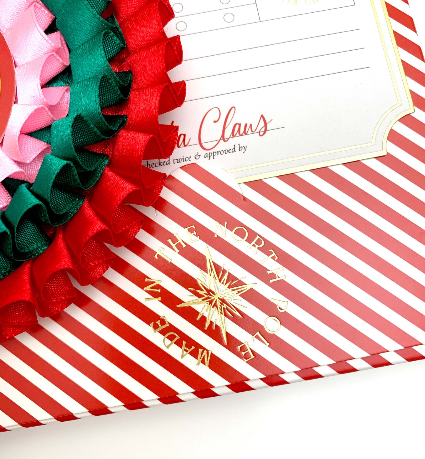 Decorative ribbons with a red and white striped background and gold text. Nice List Member Rosette Pink Red Green, Christmas Eve Box Gift, Present From Santa Claus, Kids Christmas Gift, Nice List Member Gift