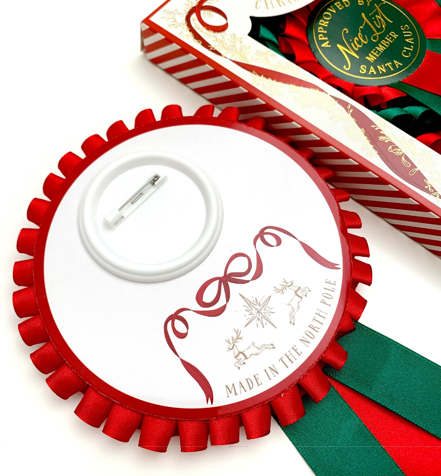 Decorative ribbon with a white center and red border, featuring text and a bow design, on a white background. Nice List Member Rosette Pink Red Green, Christmas Eve Box Gift, Present From Santa Claus, Kids Christmas Gift, Nice List Member Gift
