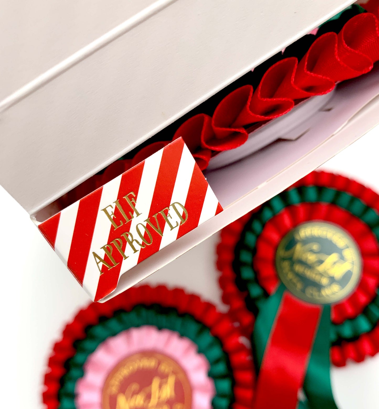 Decorative ribbons with 'Elf Approved' label in a box. Nice List Member Rosette Pink Red Green, Christmas Eve Box Gift, Present From Santa Claus, Kids Christmas Gift, Nice List Member Gift