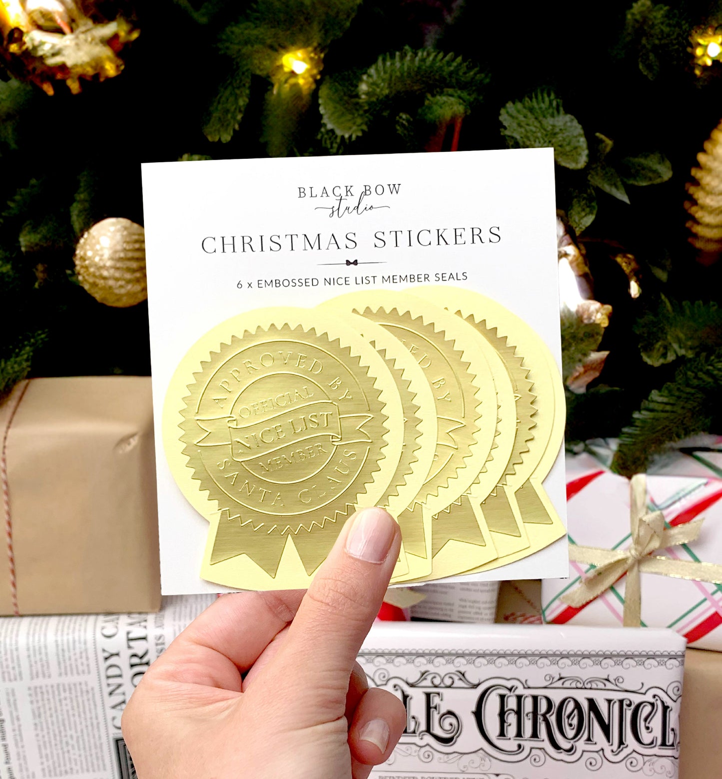 Nice List Member Gold Christmas Embossed Rosette Stickers | Set of 6