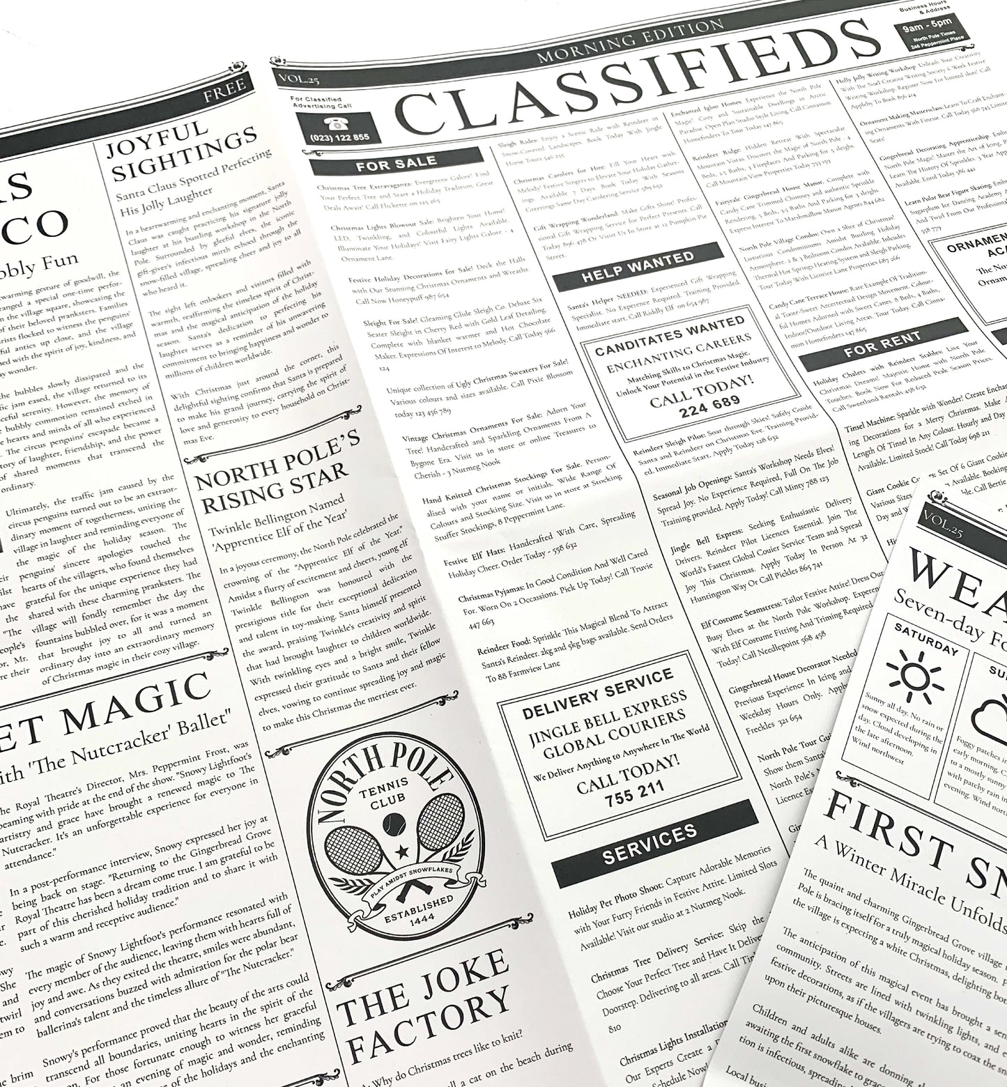 3 Sheets Christmas Wrapping Paper, North Pole Chronicle Newspaper Wrapping Paper, Festive Christmas Craft & Wrapping Paper, Decorations