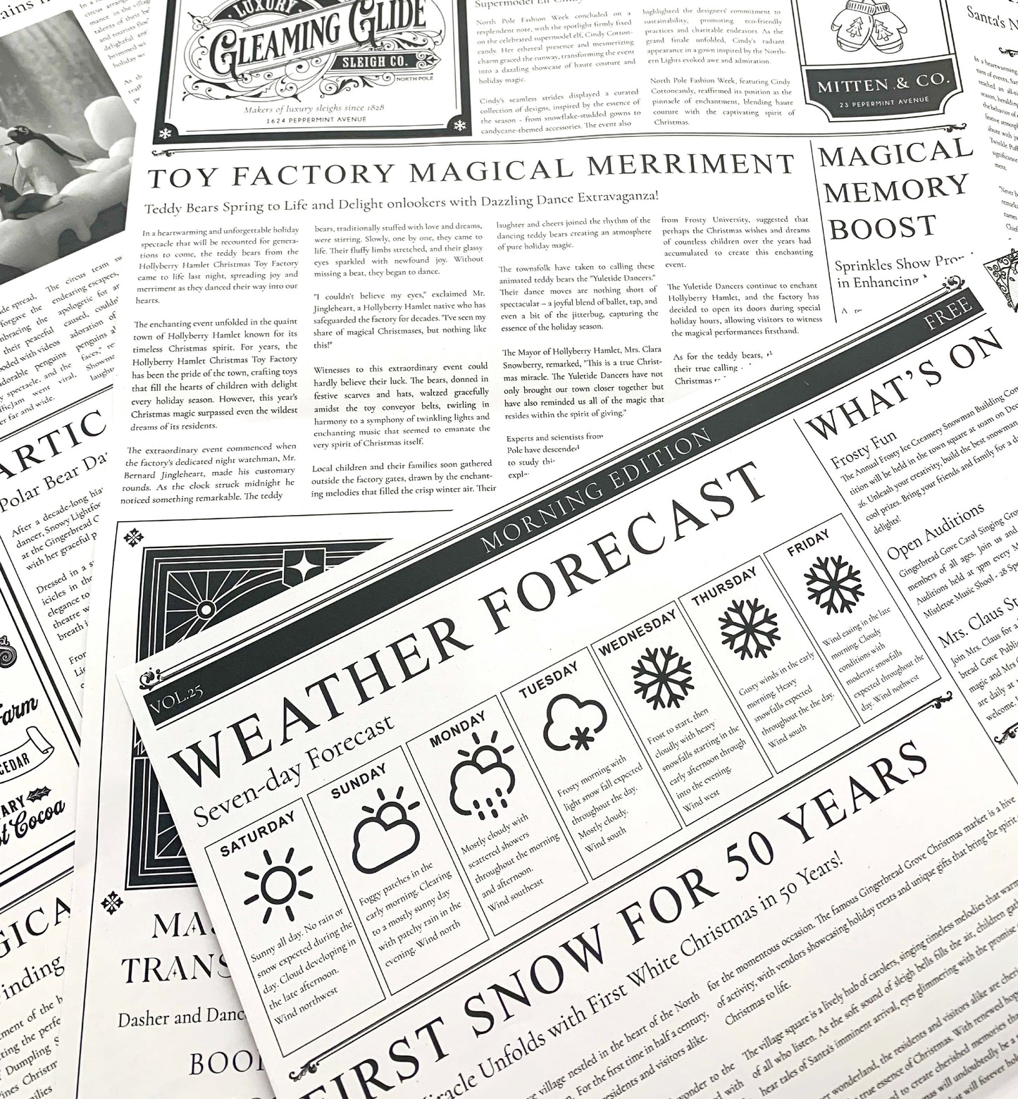 3 Sheets Christmas Wrapping Paper, North Pole Chronicle Newspaper Wrapping Paper, Festive Christmas Craft & Wrapping Paper, Decorations