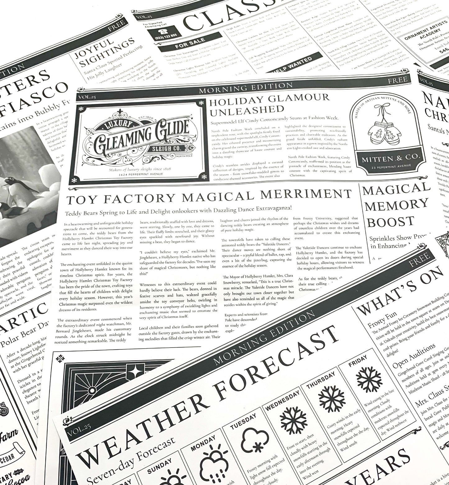 3 Sheets Christmas Wrapping Paper, North Pole Chronicle Newspaper Wrapping Paper, Festive Christmas Craft & Wrapping Paper, Decorations
