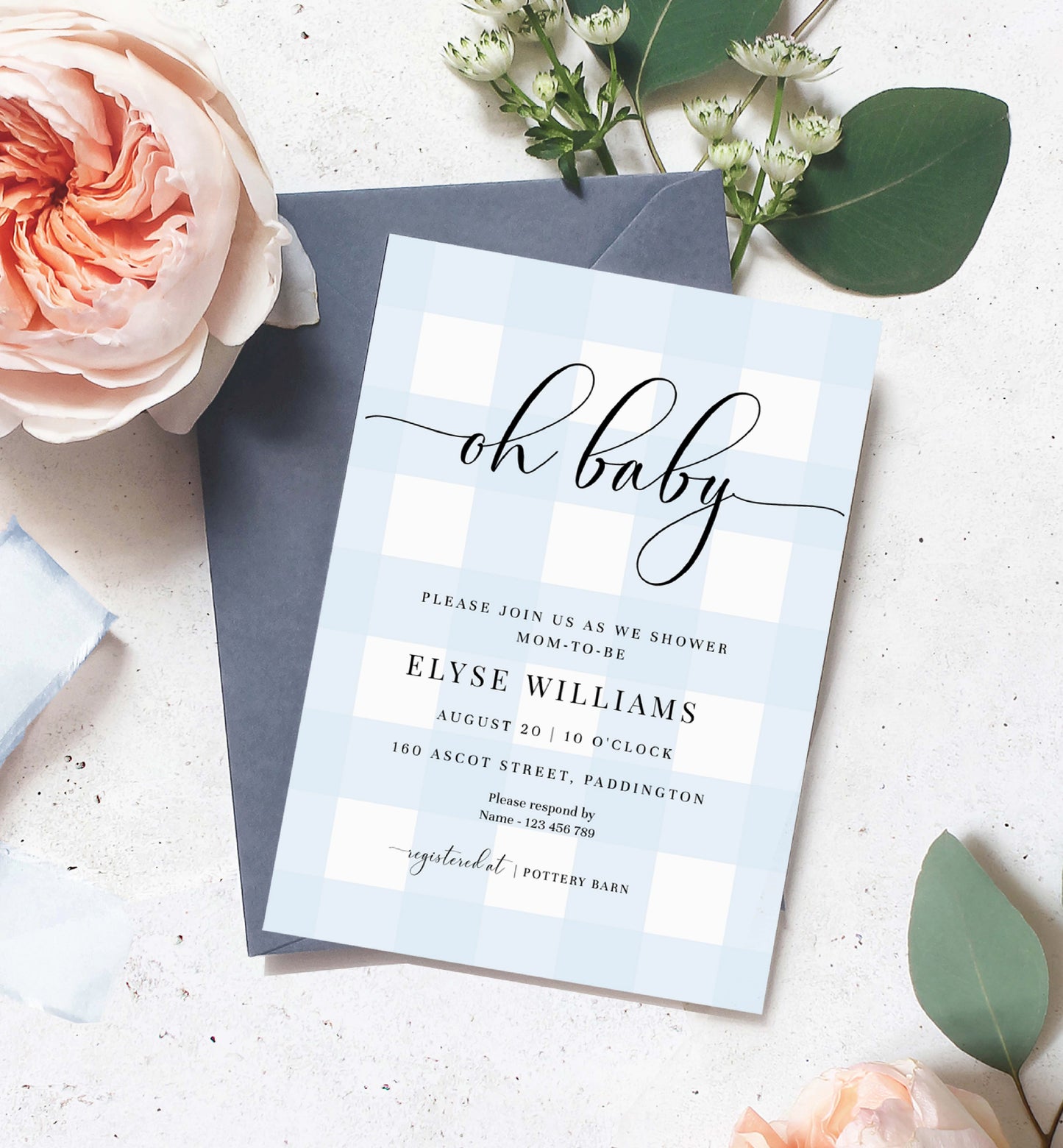 Printable Oh Baby Invitation, Blue Gingham Boy Baby Shower Invite, BabyQ Baby Shower Invite, Baby BBQ Couples Shower Invite, Storybook Baby Shower