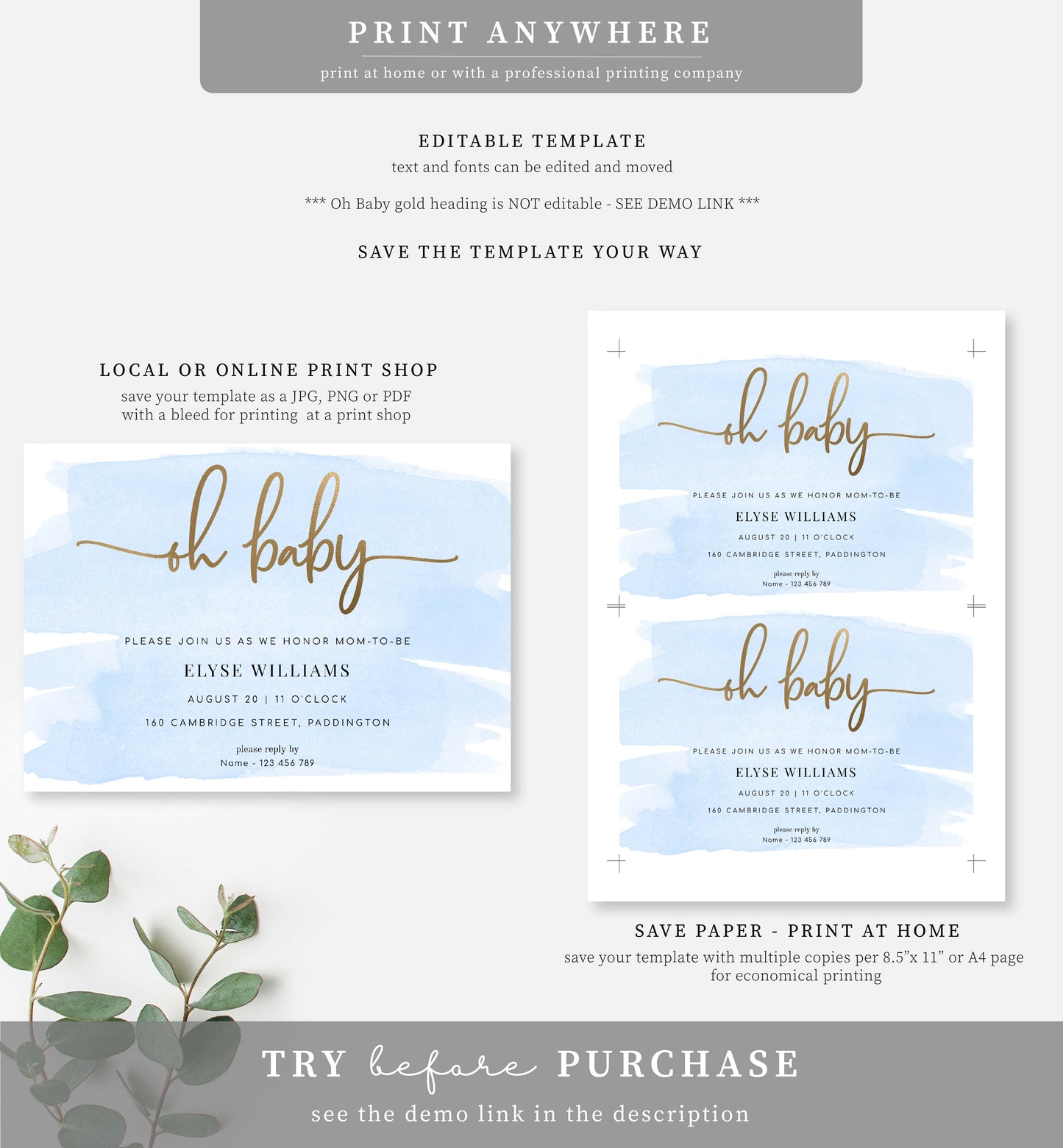 Watercolour Blue | Printable Oh Baby Shower Invitation Template