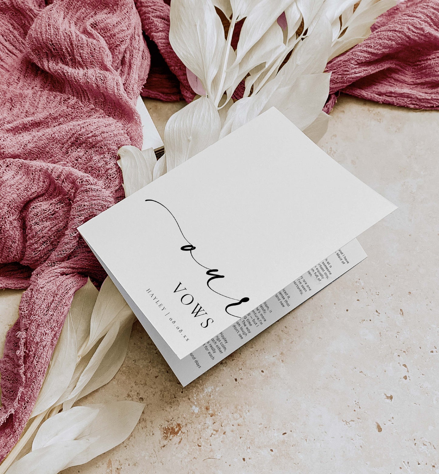 Card with 'Take Vows' text on a textured surface with pink fabric and white flowers. Printable Our Vows Book Template, Gender Neutral Wedding Vow Books Template, Minimalist Wedding Vows Card, Wedding Ceremony Card Ellesmere