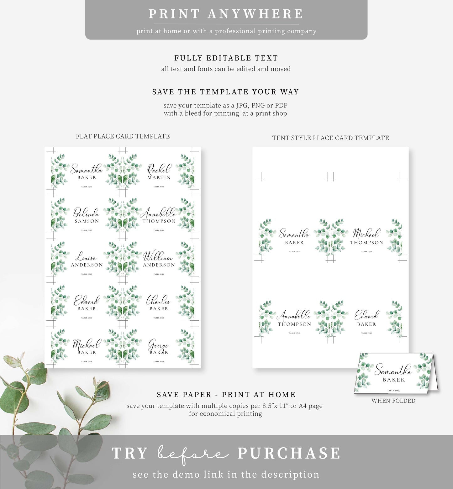 Ferras Greenery | Printable Place Cards Template