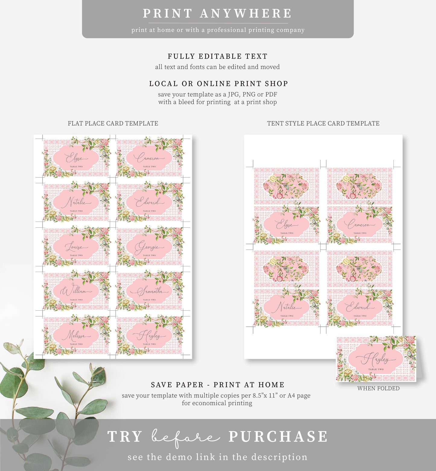 Trianon Pink | Printable Place Cards Template