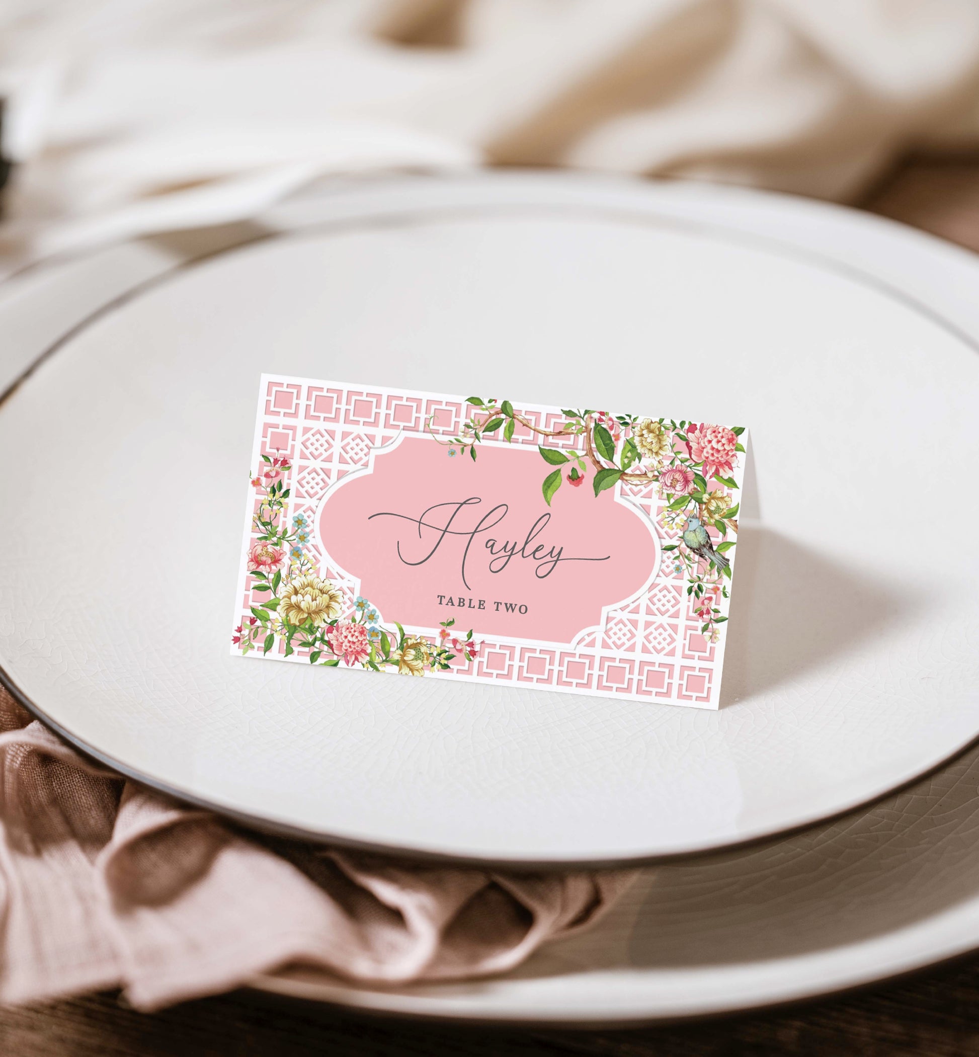 Marie Antoinette Theme Party Printable Place Card Template, Floral Chinoiserie Lattice, French Garden Theme, Bridal Shower Escort Cards Template, Spring Floral, Trianon